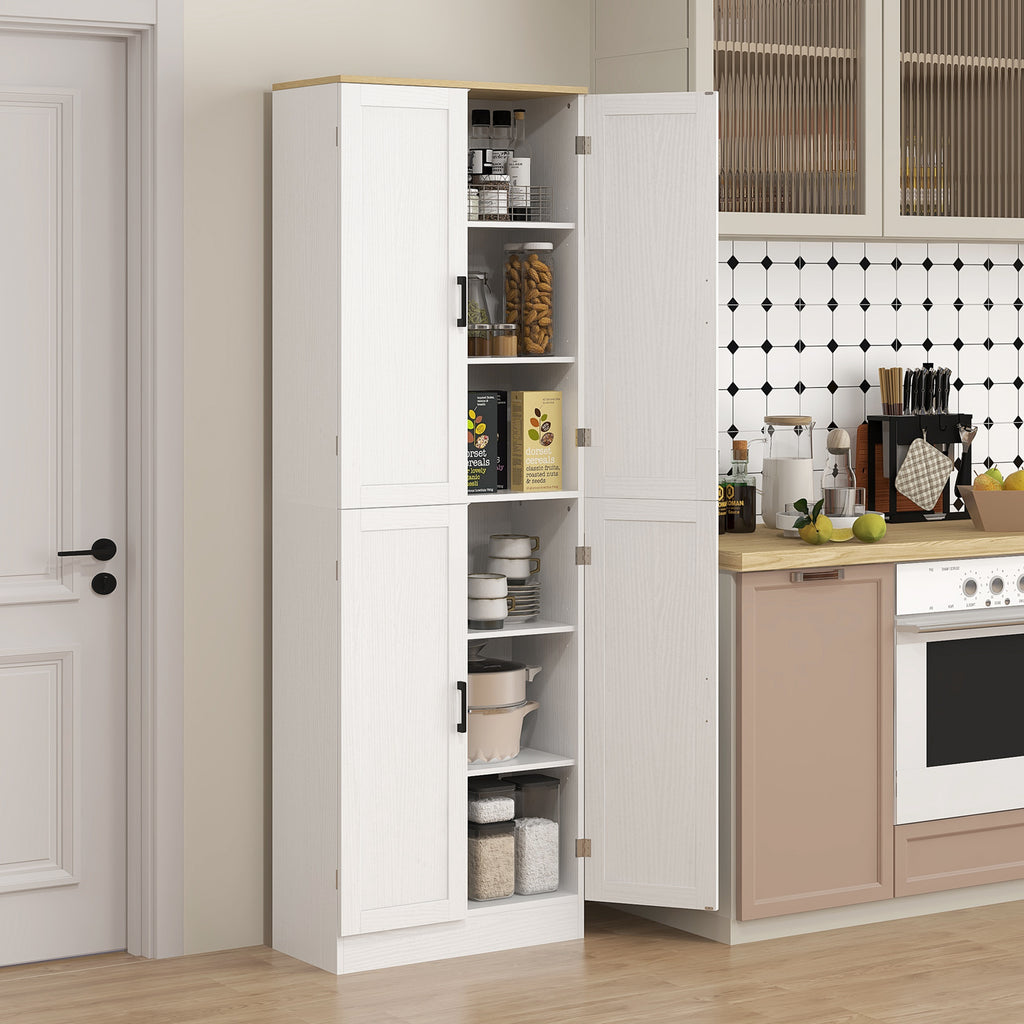 Freestanding Kitchen Pantry, 4-Door Kitchen Pantry Cabinet with Adjustable Shelves and Doors, Distressed White