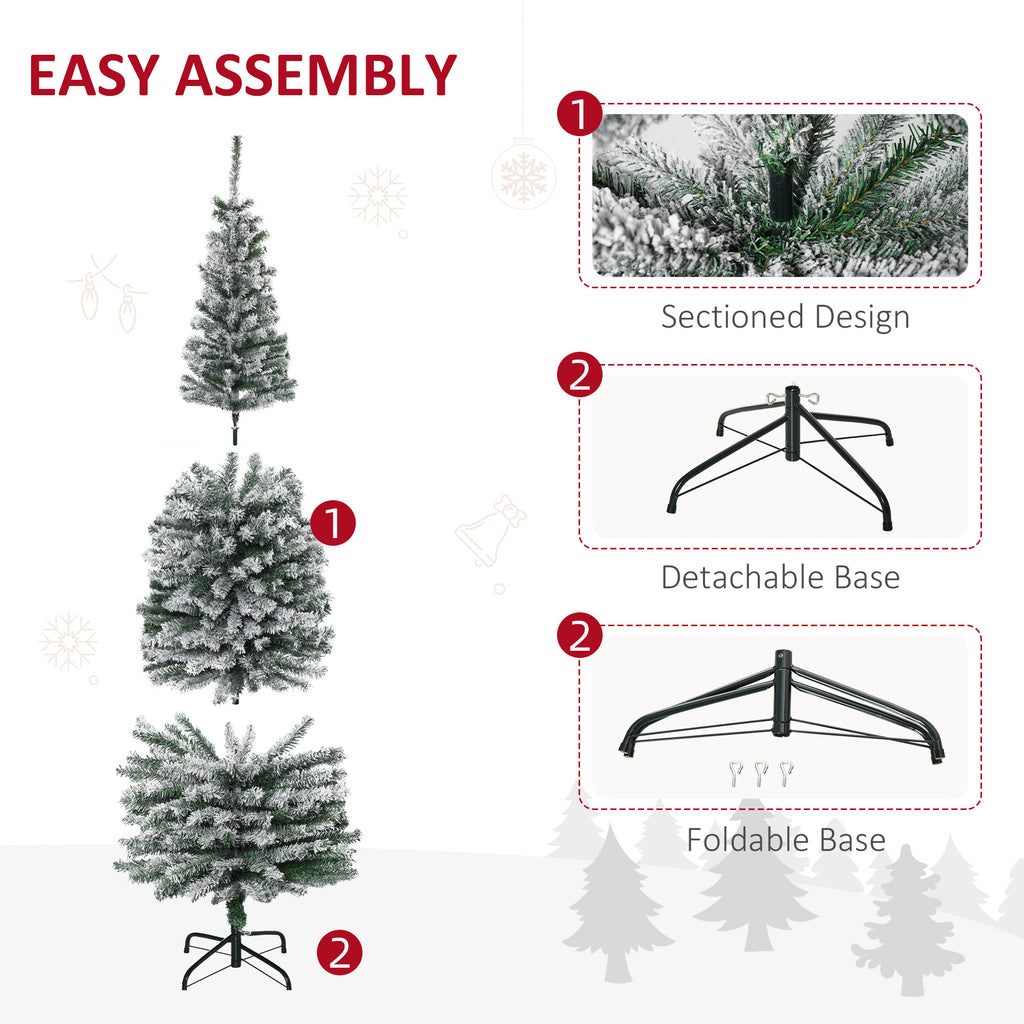 6ft Flocked Christmas Tree, Pencil Artificial Xmas Tree with Faux Snow, Dense Branches, Foldable Metal Base for Indoor Holiday Decor