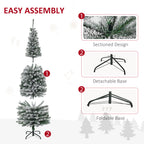 6ft Flocked Christmas Tree, Pencil Artificial Xmas Tree with Faux Snow, Dense Branches, Foldable Metal Base for Indoor Holiday Decor
