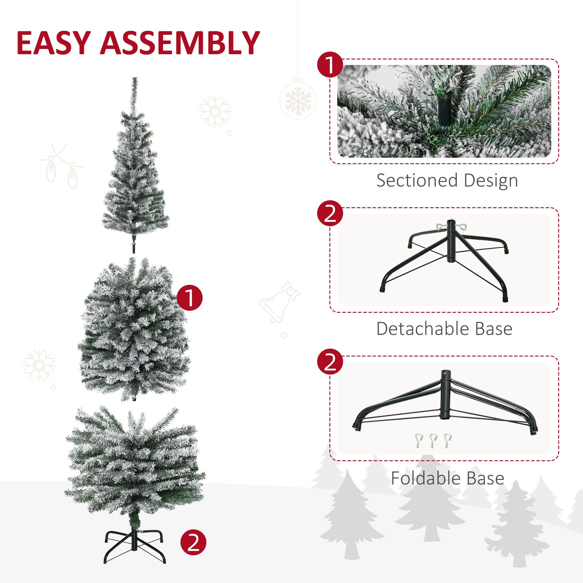 6ft Flocked Christmas Tree, Pencil Artificial Xmas Tree with Faux Snow, Dense Branches, Foldable Metal Base for Indoor Holiday Decor