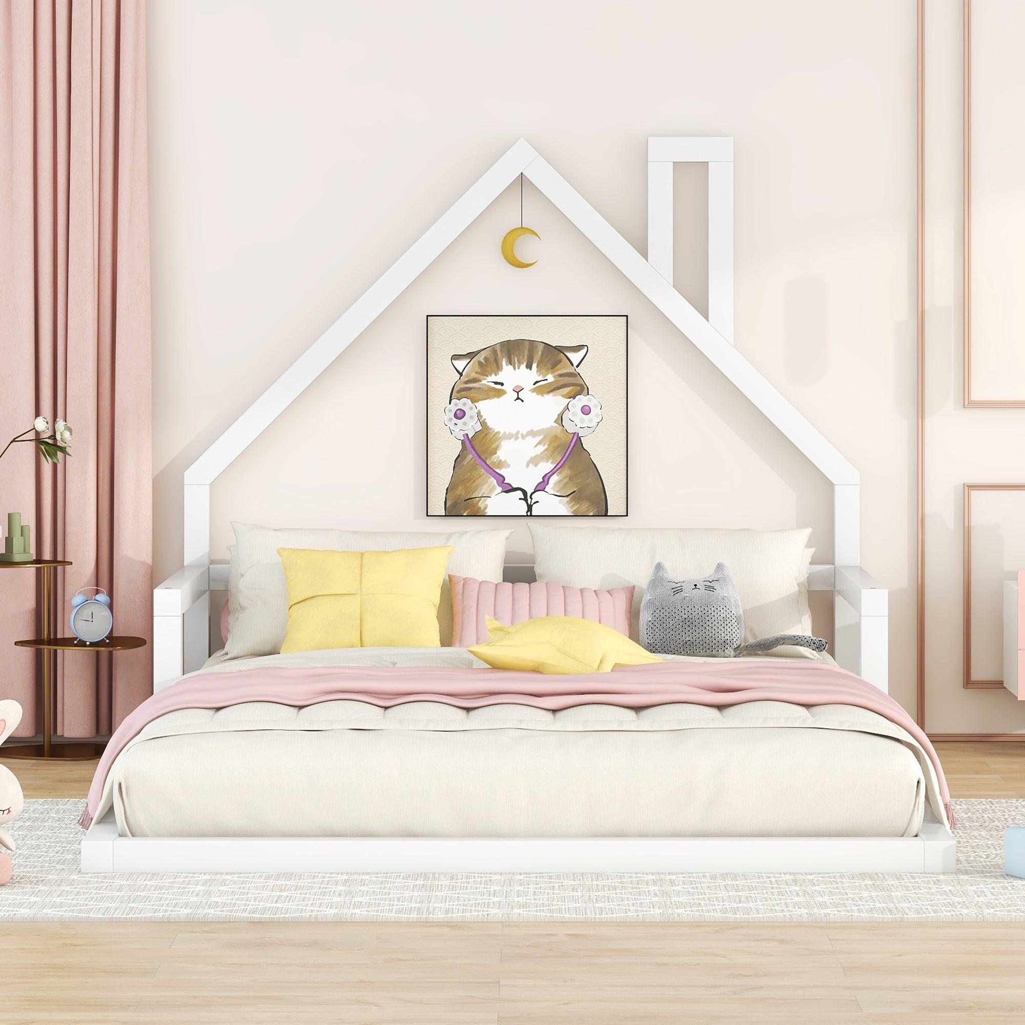 Full Size Wood Floor Bed with House-Shaped Headboard, Sturdy Pine Wood Construction, Easy Assembly, 78" L x 56.5" W x 46.5" H, White