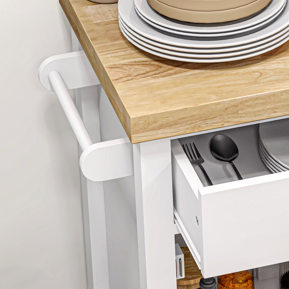 Kitchen Island on Wheels, Rolling Kitchen Cart with Rubberwood Top, Drawer, Wine Rack and Cabinet, White