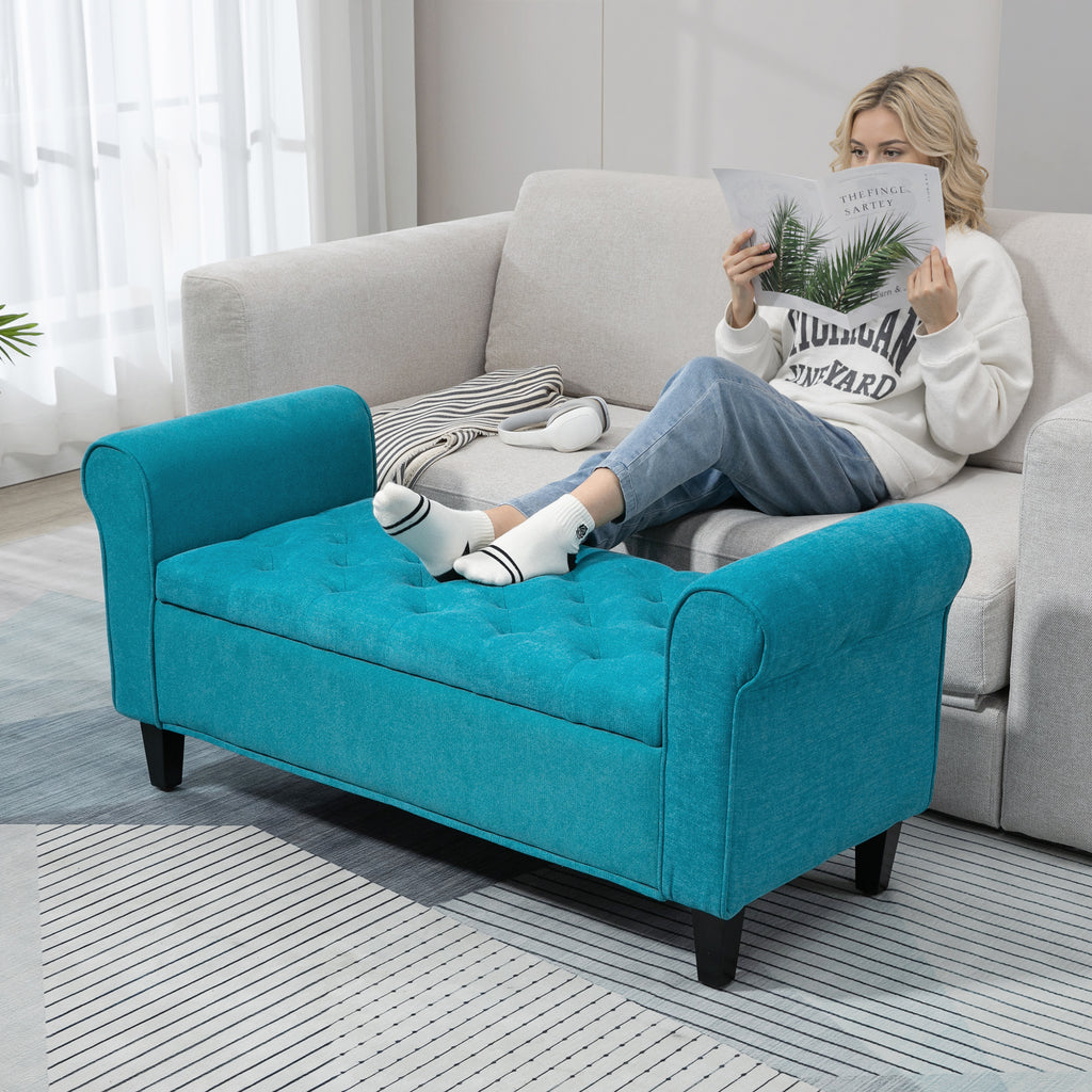 50 Inches Storage Ottoman, End of Bed Bench with Rolled Arms, Wood Legs, Button Tufted Storage Bench, Teal