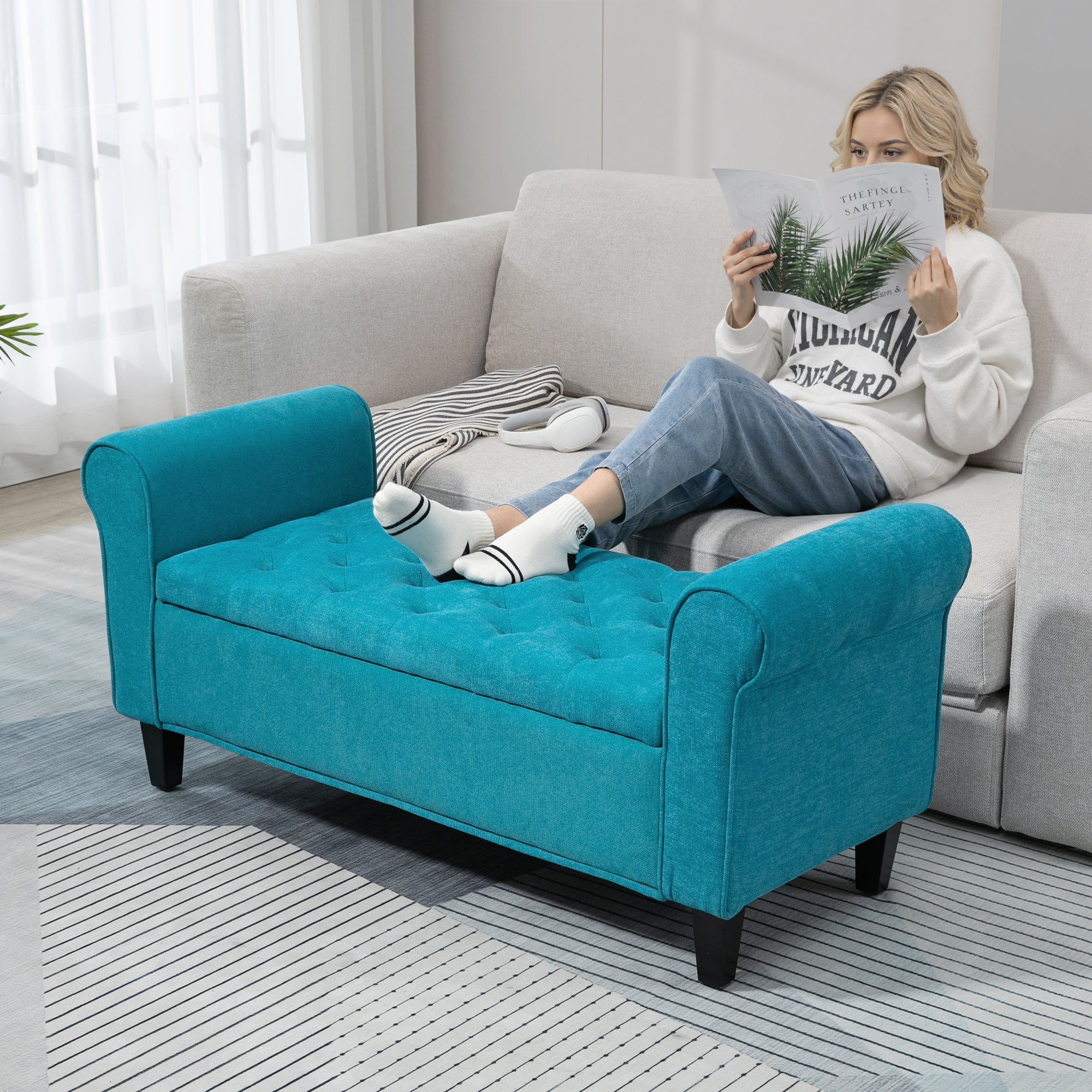 50 Inches Storage Ottoman, End of Bed Bench with Rolled Arms, Wood Legs, Button Tufted Storage Bench, Teal