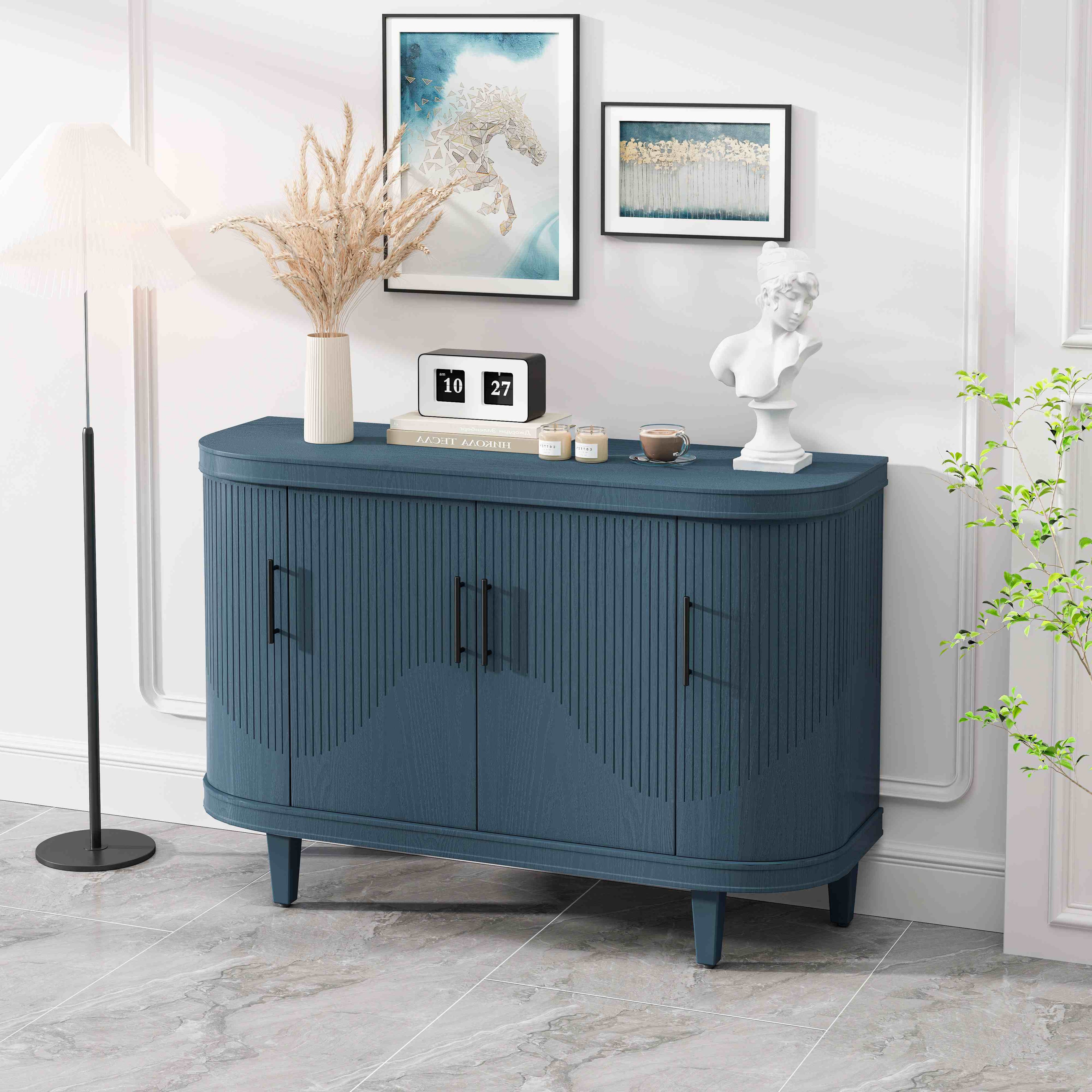 Modern Curved Sideboard, 47.2-Inch Decorative Storage Cabinet with 4 Doors, Adjustable Interior Shelves, Wooden Console Table for Living Room, Kitchen, Bedroom, Hallway, Blue
