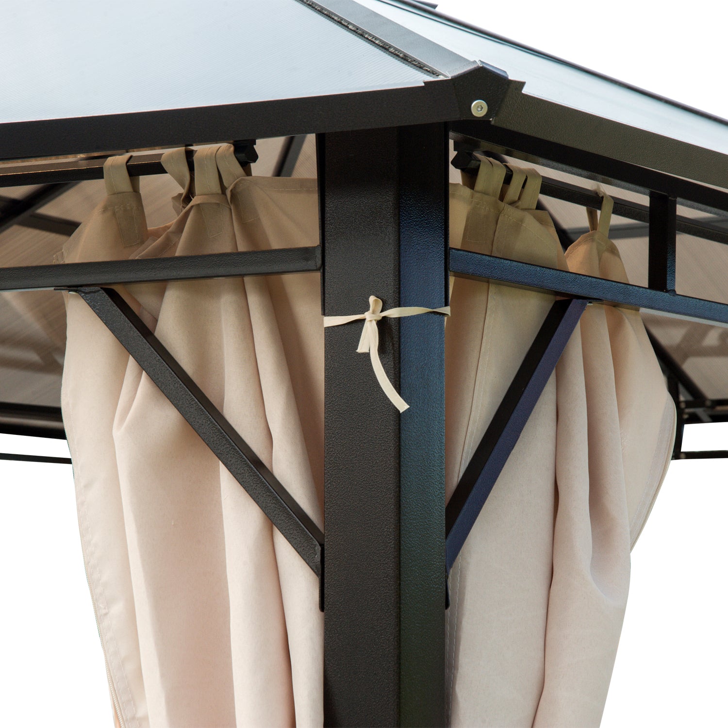 10' x 12' Hardtop Gazebo Canopy with Polycarbonate Roof, Aluminum Frame, Permanent Pavilion Outdoor Gazebo with Curtains for Patio, Garden, Backyard, Deck, Lawn, Dark Brown, Off-White