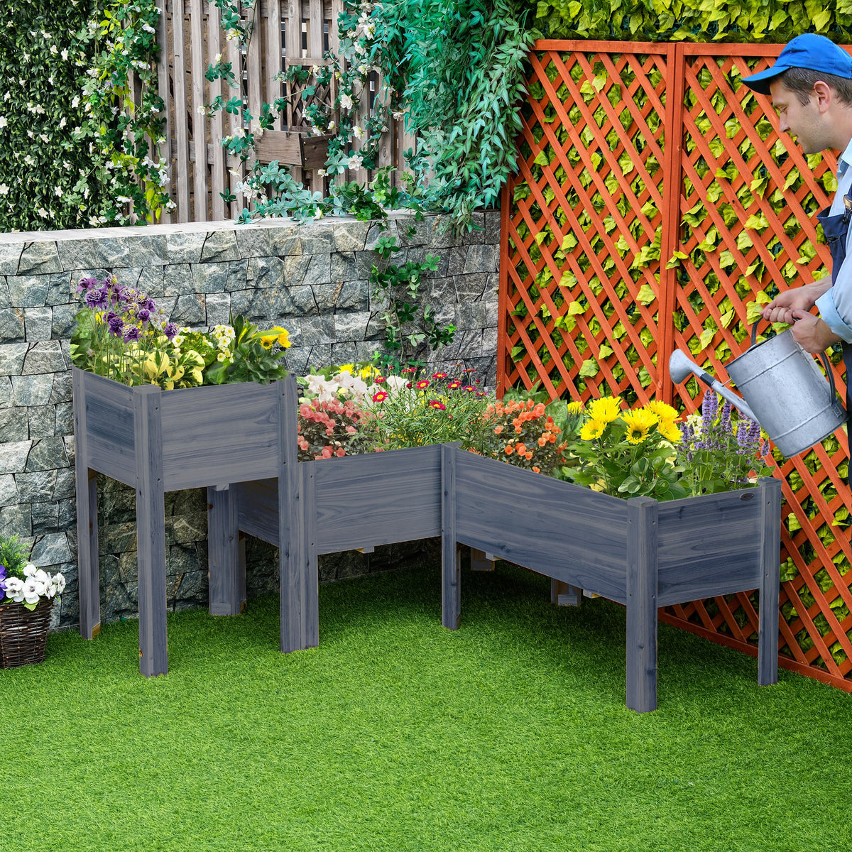 Raised Garden Bed Set of 3, Wooden Elevated Planter Box with Legs and Bed Liner, for Backyard and Patio to Grow Vegetables, Herbs, and Flowers, Gray