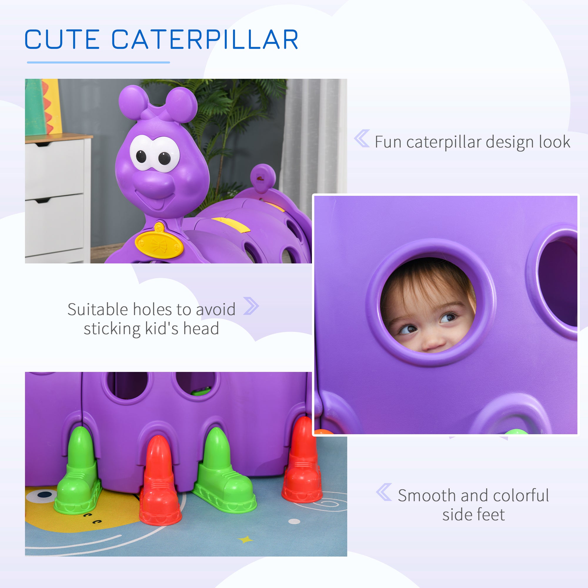 Caterpillar Play Tunnel, Toddler Tunnel for Kids Crawl and Climb Through, Kids' Play Structure Indoor Outdoor, 2 Sections, Purple