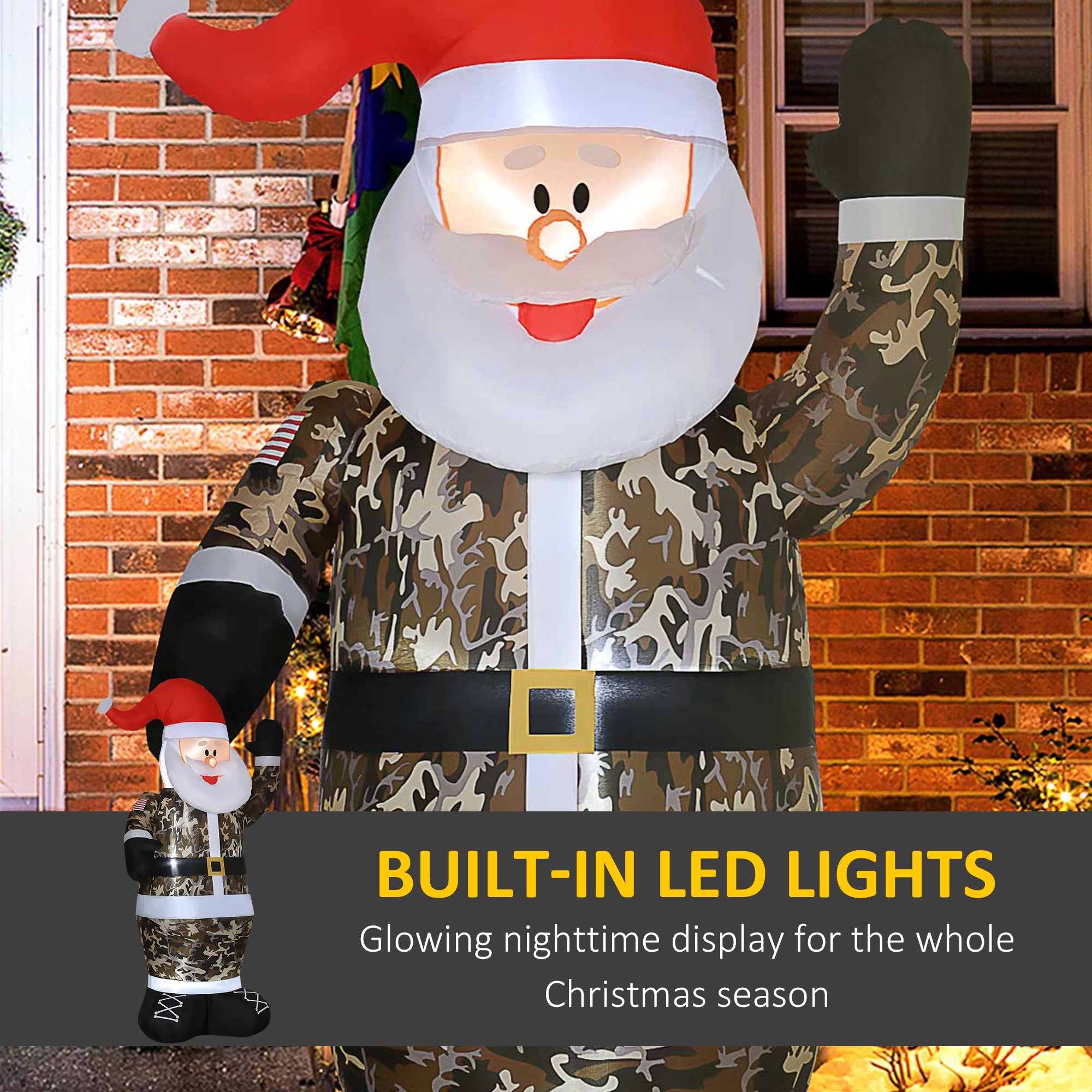 8' Christmas Inflatables Outdoor Decorations Santa Claus Wearing Camouflage, Blow-Up Yard Christmas Decor with LED Lights Display