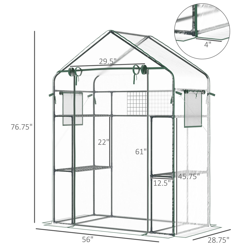 Outdoor Walk-in Mini Greenhouse with Mesh Door & Windows, Small Portable Garden Green House with 3 Tiers 6 Shelves, Trellis, & Plant Labels