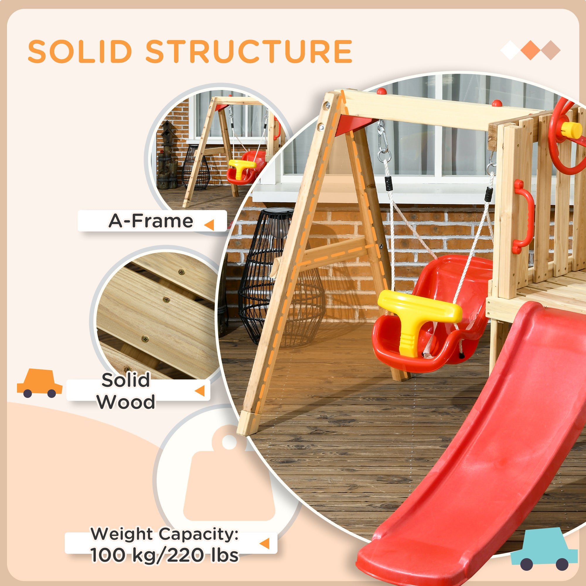 4-in-1 Wooden Swing Set with Swing, Slide, Horn, Steering Wheel, Red