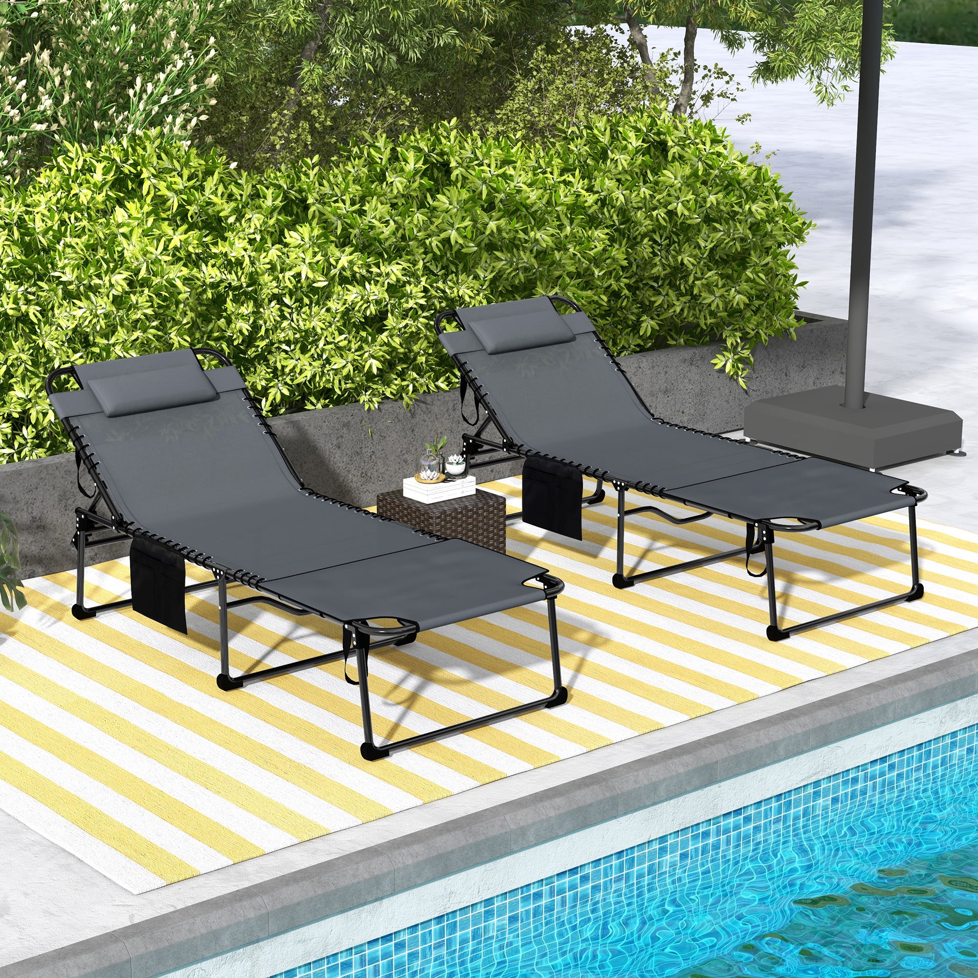2 Piece Folding Chaise Lounge Pool Chairs with 5-level Reclining Back, Reading Hole, Side Pocket, Gray