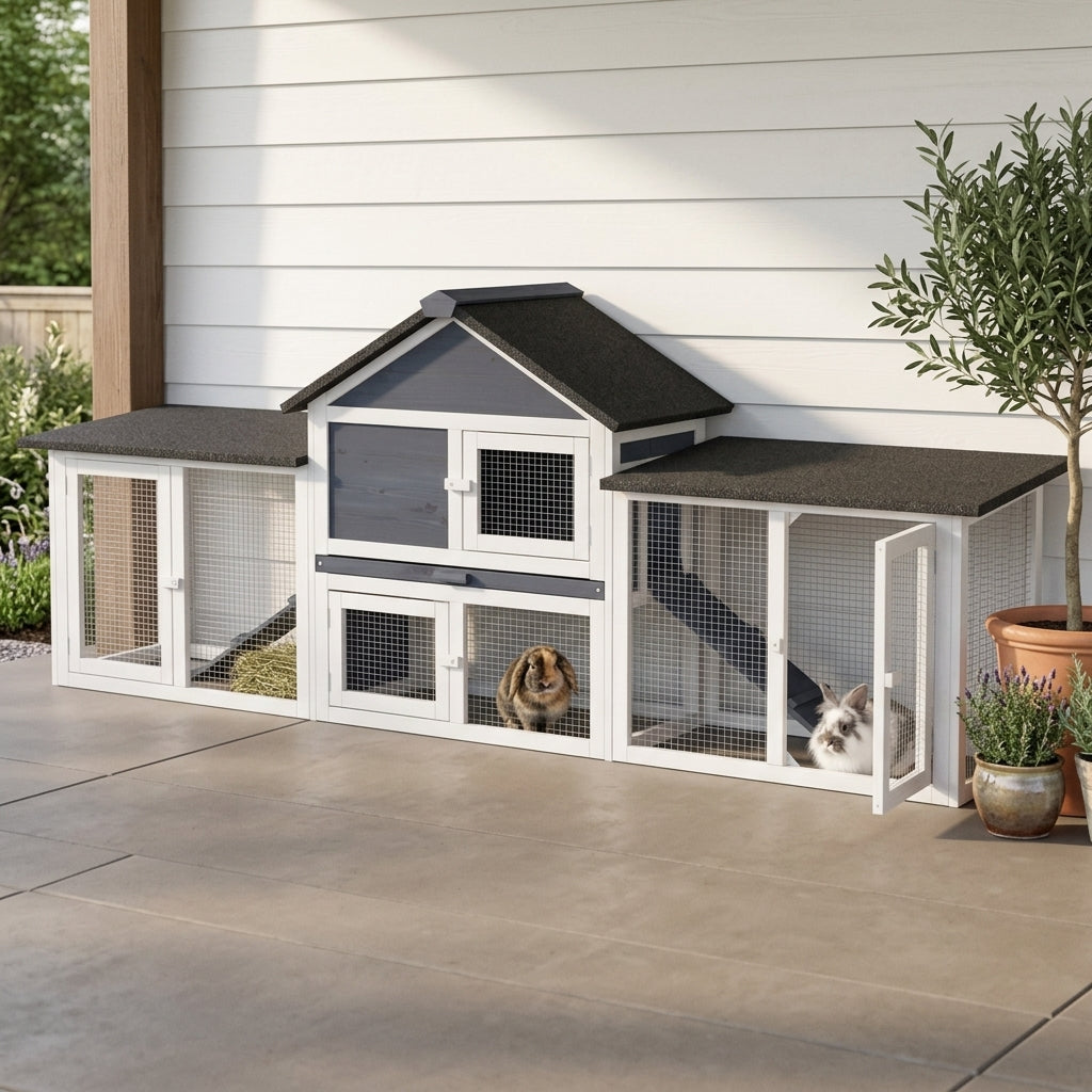 Outdoor Rabbit House 83" 2 Story Deluxe XL Wooden Rabbit Hutch, Big Bunny Cage w/ Ladder and Run, Dark Gray