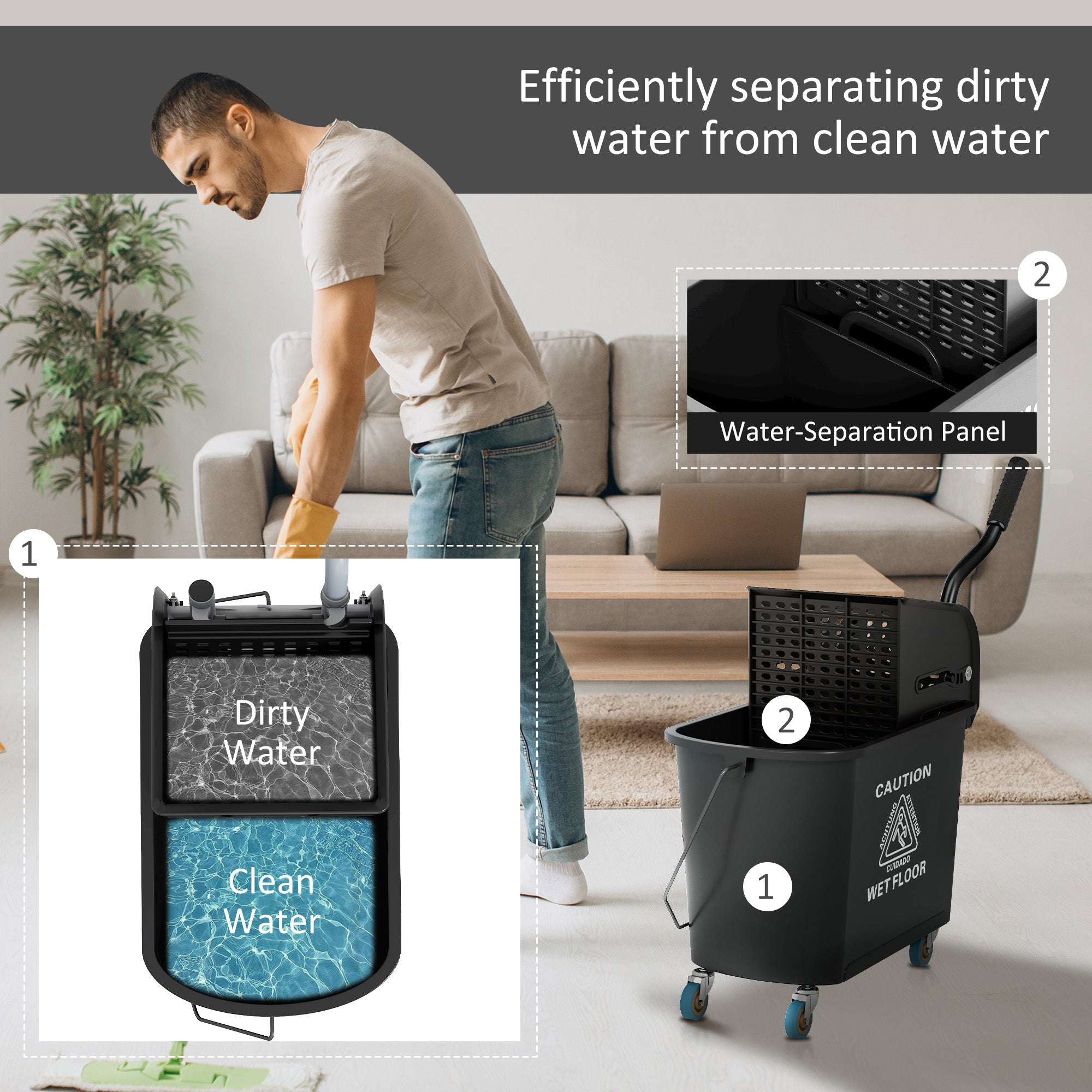 Compact Mop Bucket with Wringer, Mop Bucket on Wheels, 21 Quart, Separate Dirty and Clean Water, Black