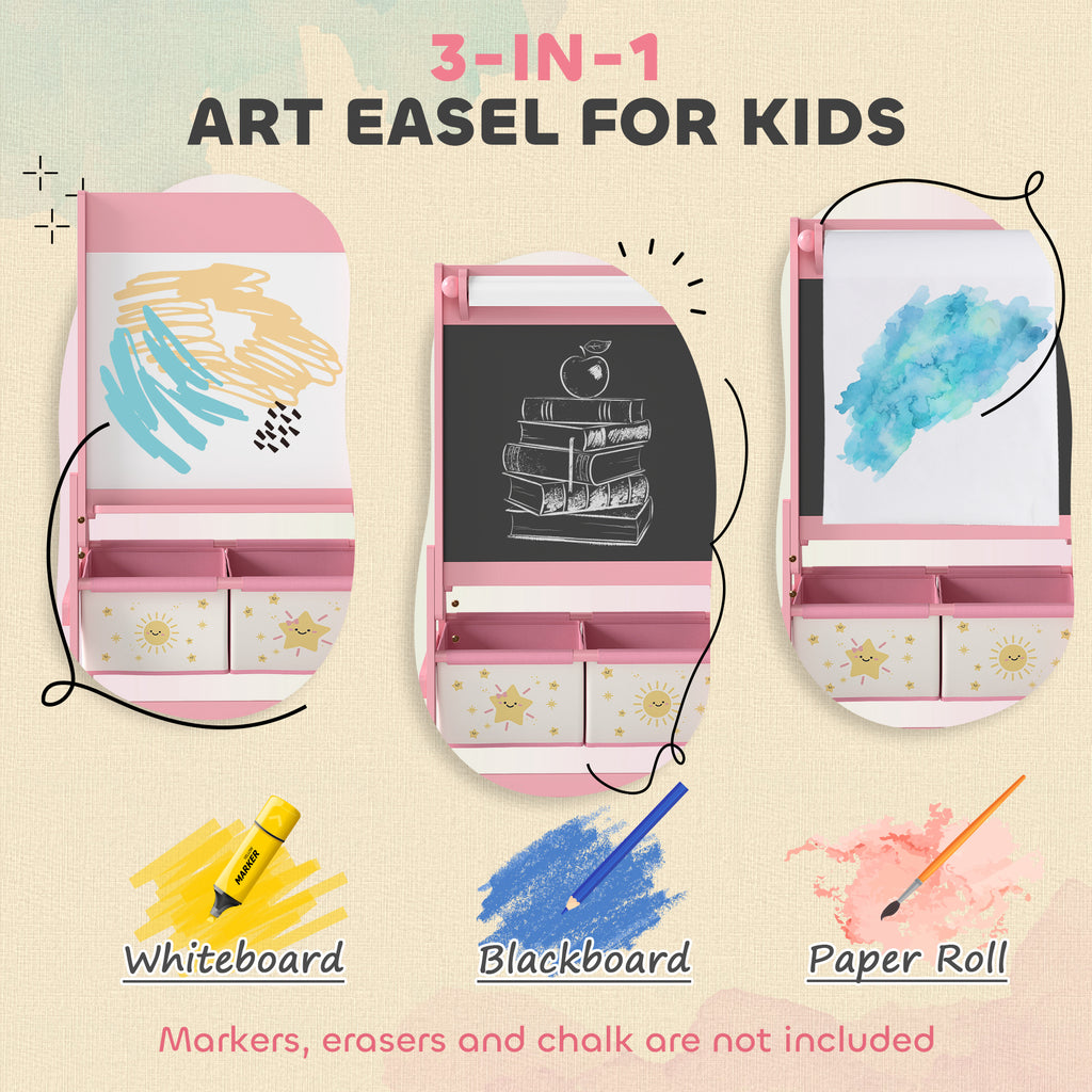 Art Easel for Kids, Double-Sided Whiteboard & Chalkboard with Paper Roll, Storage Baskets for Toddlers Ages 3-8, Pink