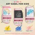 Art Easel for Kids, Double-Sided Whiteboard & Chalkboard with Paper Roll, Storage Baskets for Toddlers Ages 3-8, Pink