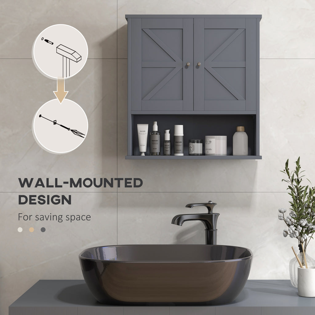Farmhouse Bathroom Medicine Cabinet, Wall Cabinet with Barn Doors and Adjustable Shelf for Laundry Room, Gray