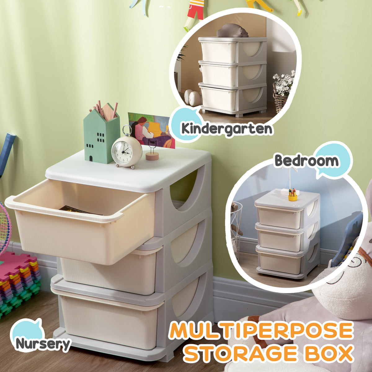 3 Drawers Kids Storage Unit, 3 Tier Stackable Toy Organizers and Storage Chest for Bedroom, Nursery, Playroom, Living Room, Boys, Girls, Toddlers, Cream White