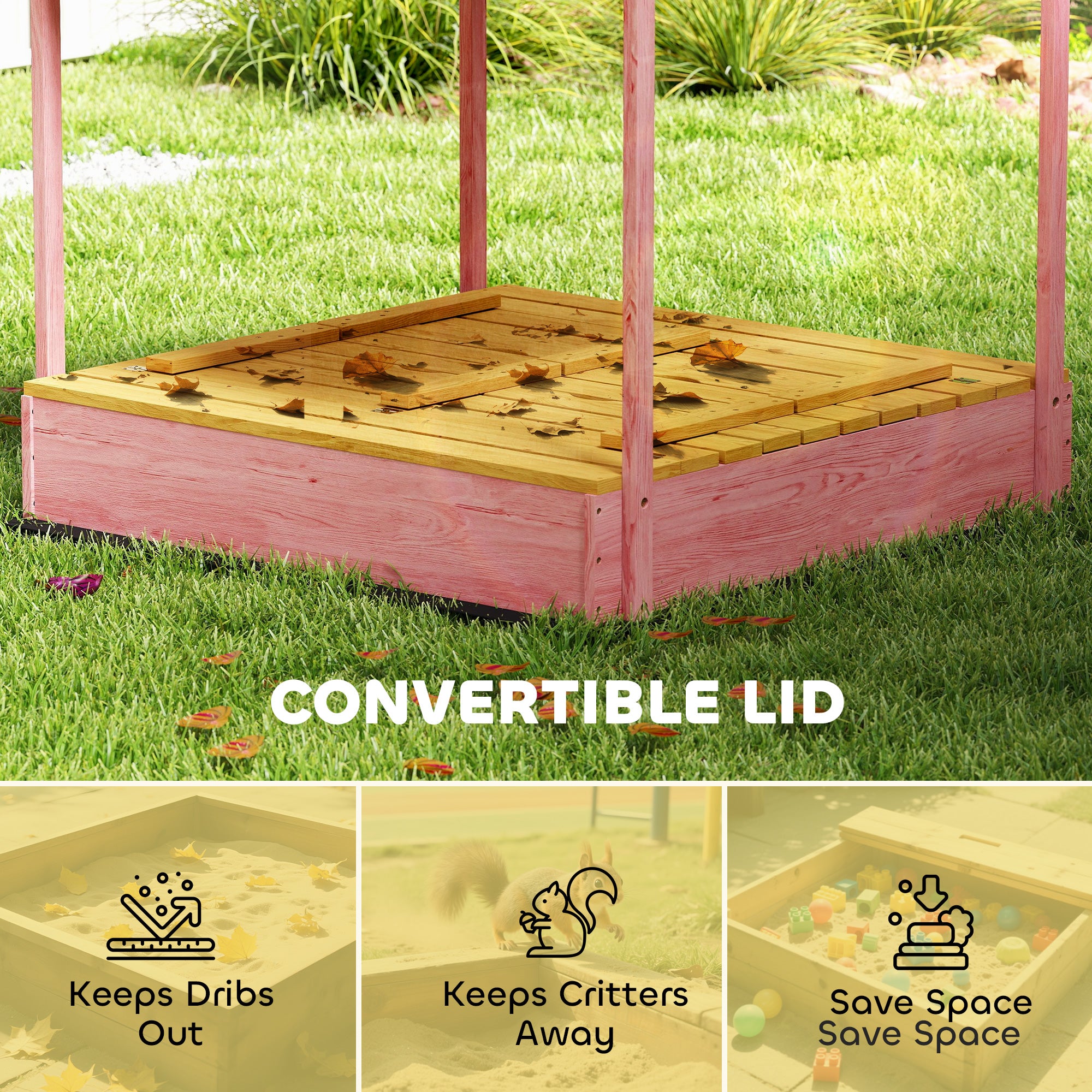 Wooden Sandbox with Cover, Kids Sandbox Outdoor with Seat, Bottom Liner, Canopy for Ages 3-6, Flamingos Print, Pink