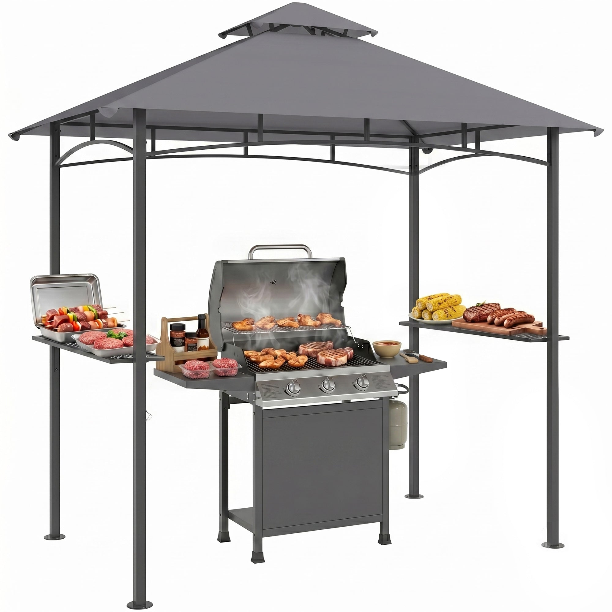 8' x 5' Grill Gazebo with Double Roof, Outdoor BBQ Canopy Gazebo with 2 Side Shelves for Patio Yard Garden Gray