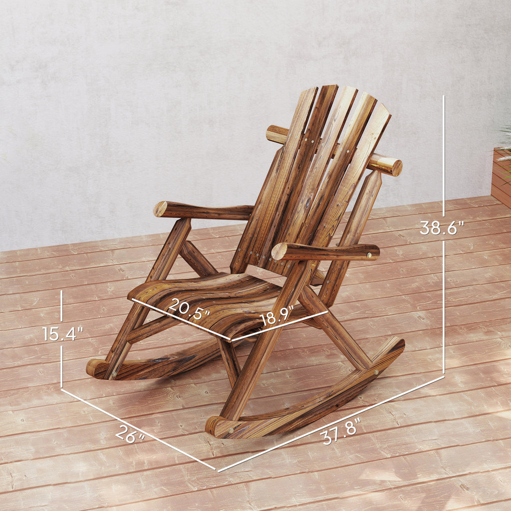Outdoor Wooden Rocking Chair, Single-Person Adirondack Rocking Patio Chair with Rustic High Back, Slatted Seat and Backrest for Indoor, Backyard, Garden, Carbonized