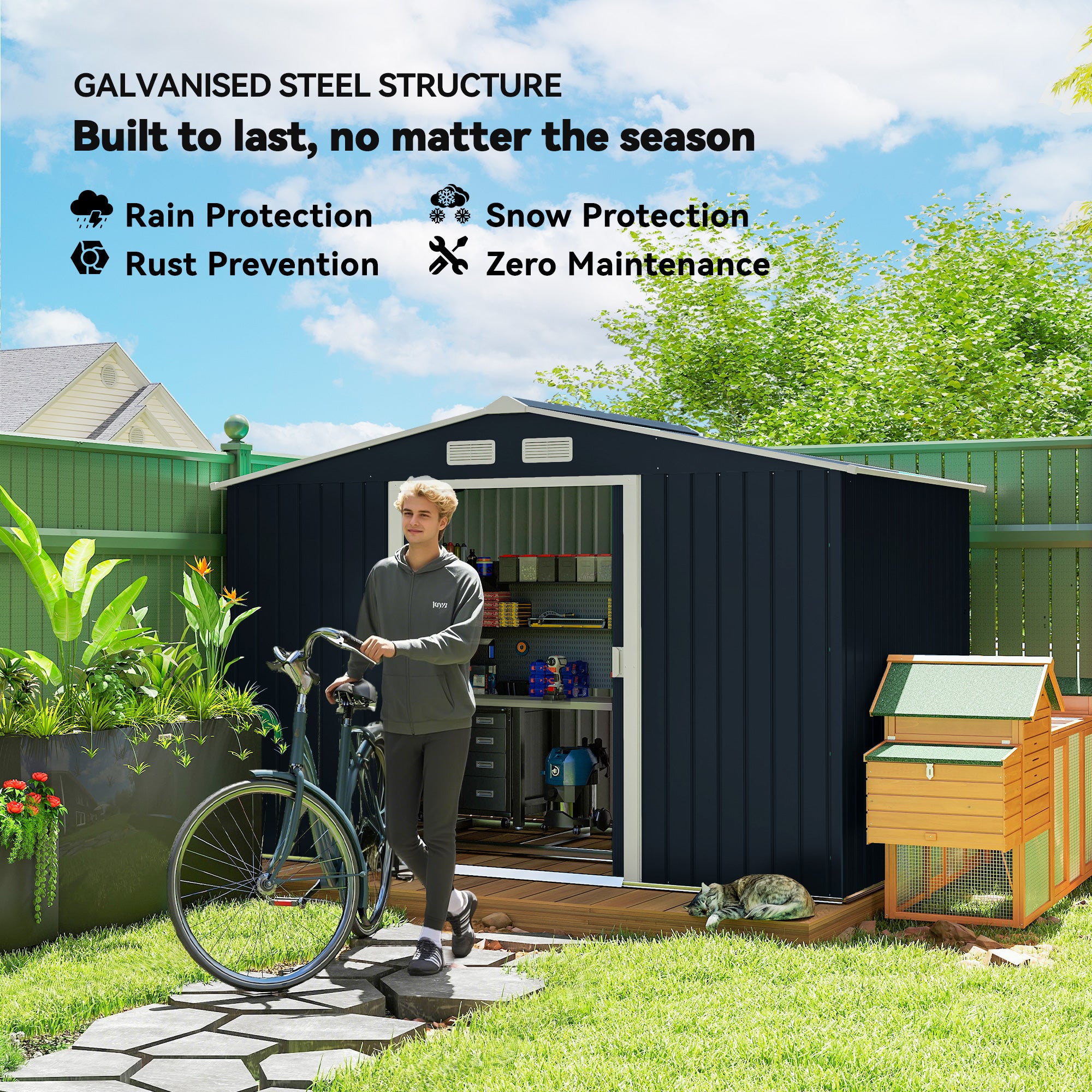 9' x 6' Outdoor Storage Shed, Garden Tool Metal Shed with Foundation Kit, Dark Gray