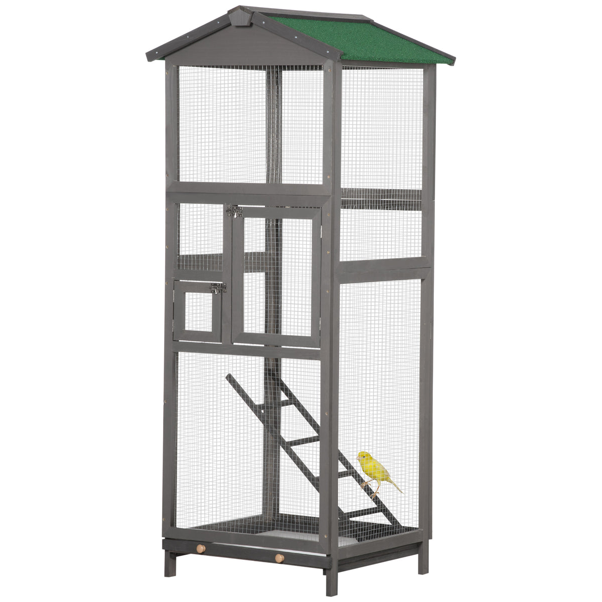 65" Wooden Bird Cage Outdoor Aviary House for Parrot, Parakeet, with Pull Out Tray and 2 Doors, Grey