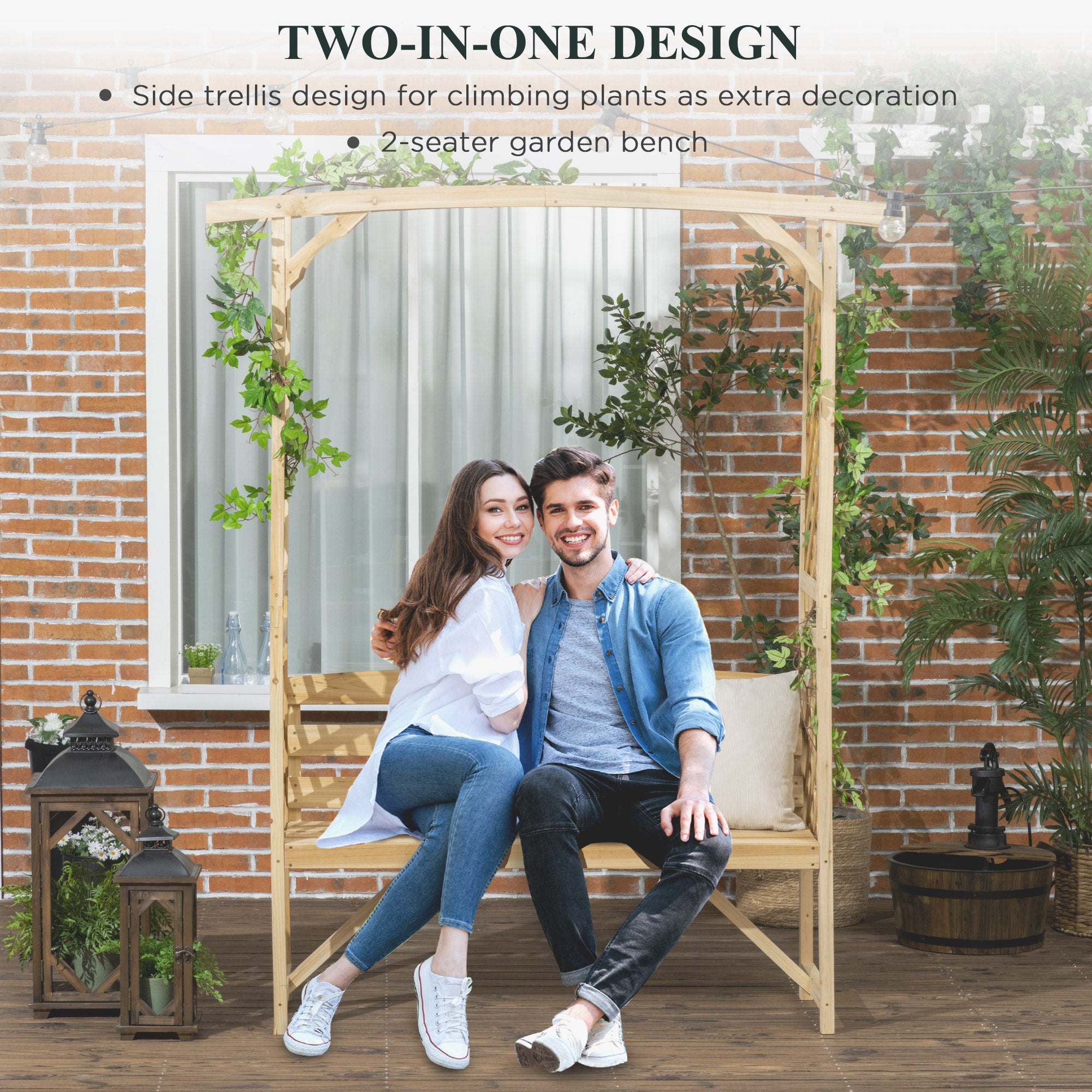 Patio Garden Bench, Wooden Bench, Outdoor Bench for Vines/Climbing Plants, Natural