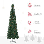 7.5 Foot Pencil Artificial Christmas Tree, Slim Pine Needles Xmas Tree with Realistic Branches, Pine Cones, Metal Base, Green