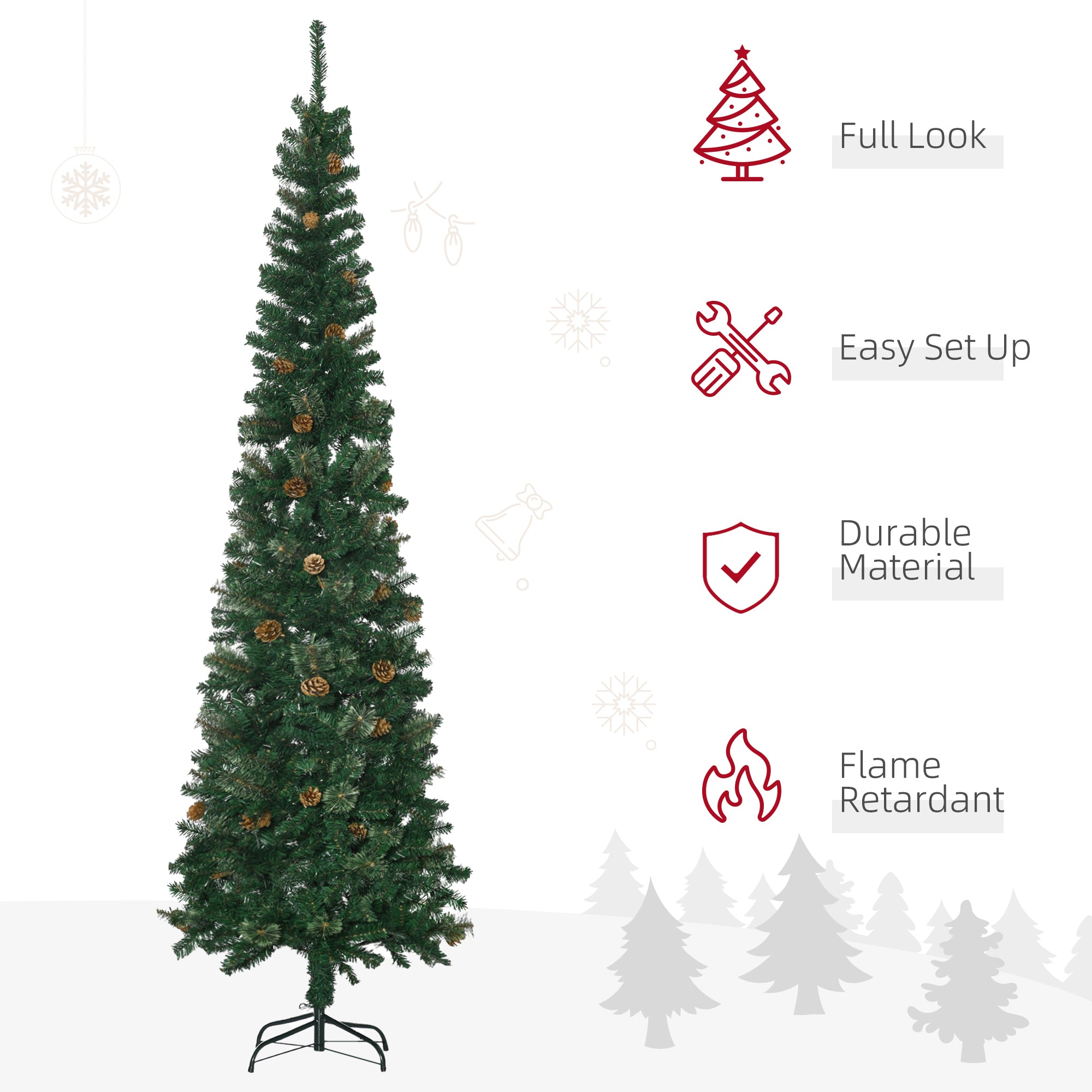 7.5 Foot Pencil Artificial Christmas Tree, Slim Pine Needles Xmas Tree with Realistic Branches, Pine Cones, Metal Base, Green