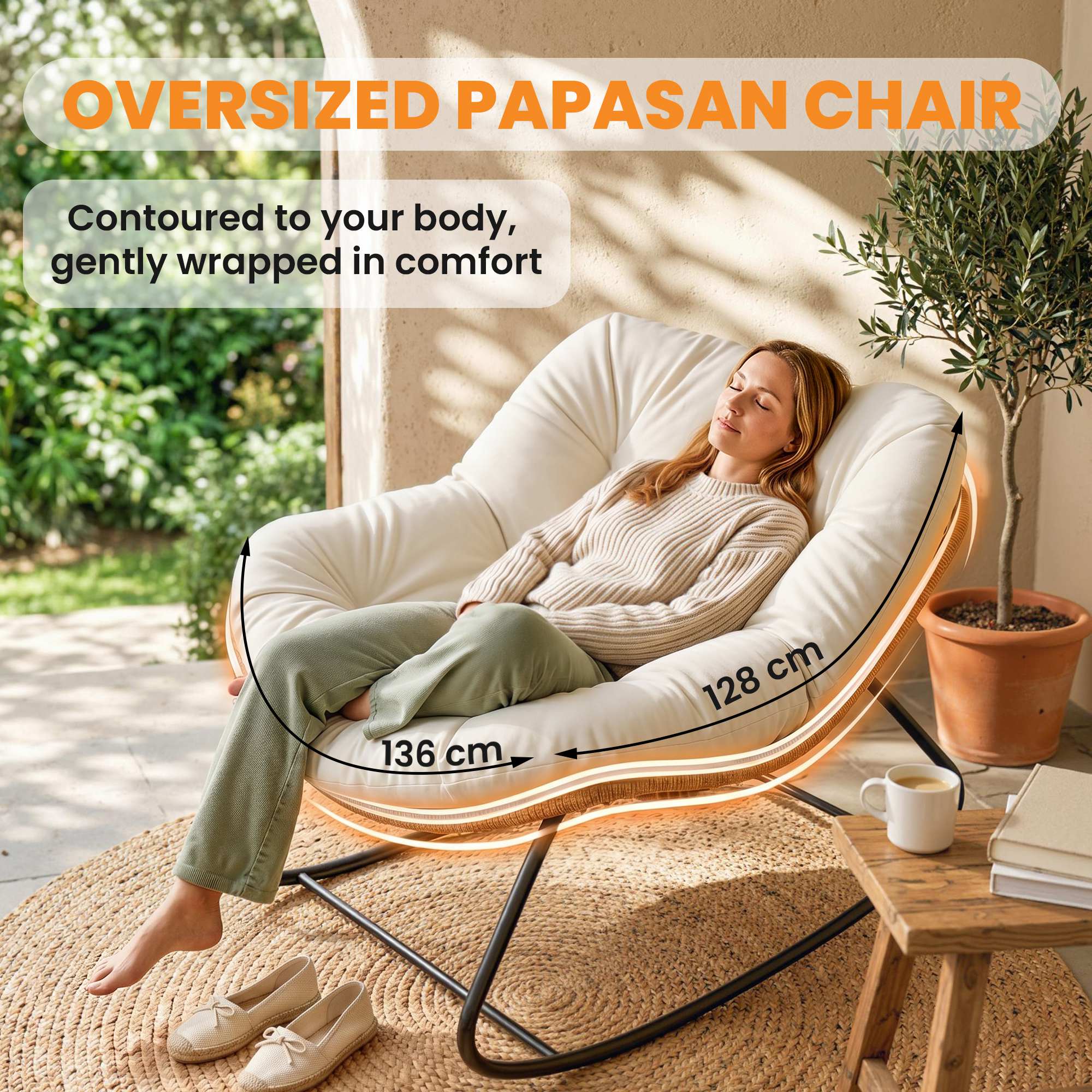 Indoor Outdoor Papasan Rocking Chair, Oversized Rocking Egg Chair with Cushion for Garden, Patio, Beige
