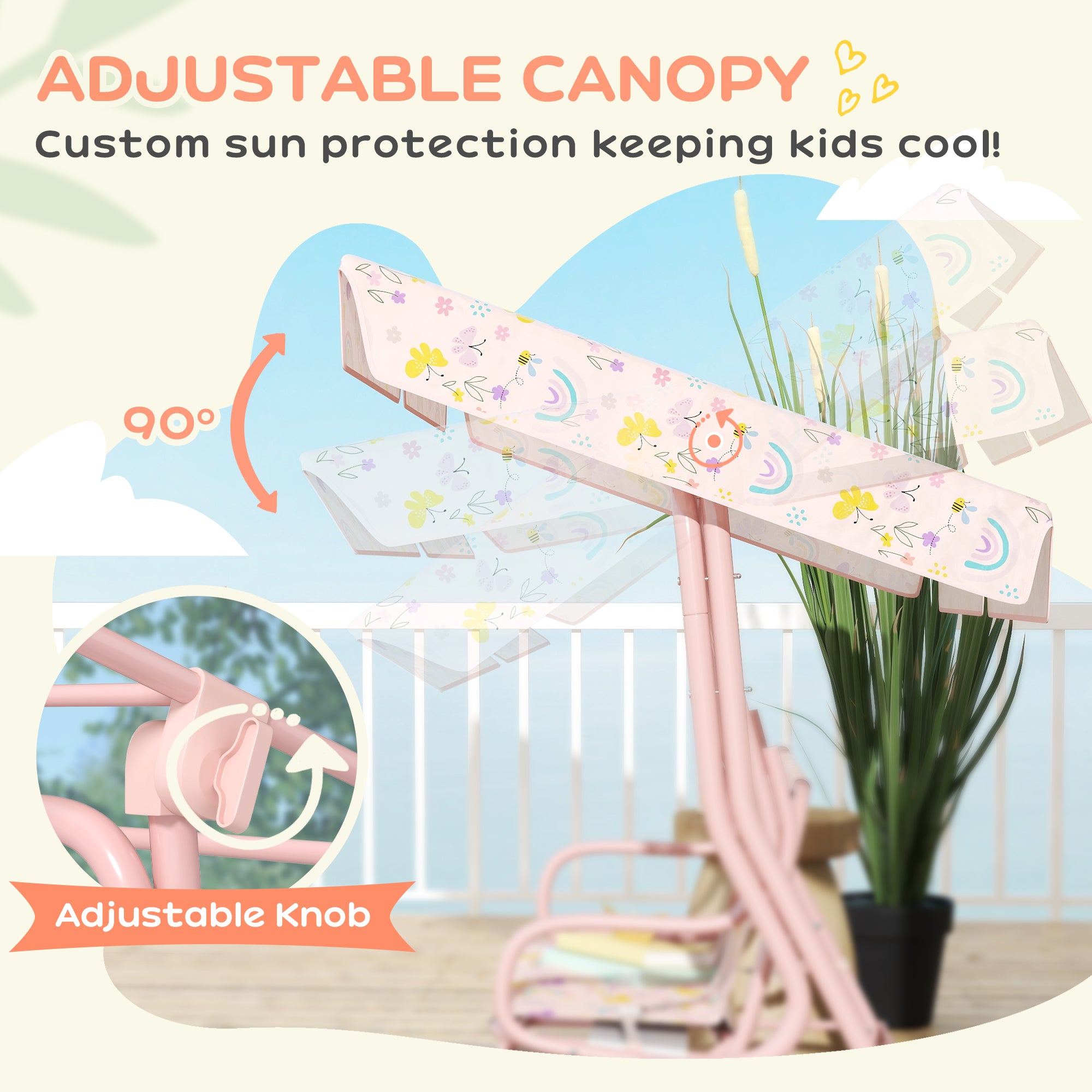 Kids Patio Swing Chair with Adjustable Canopy, Safety Belt for Patio, Garden, Poolside, Balcony, Pink