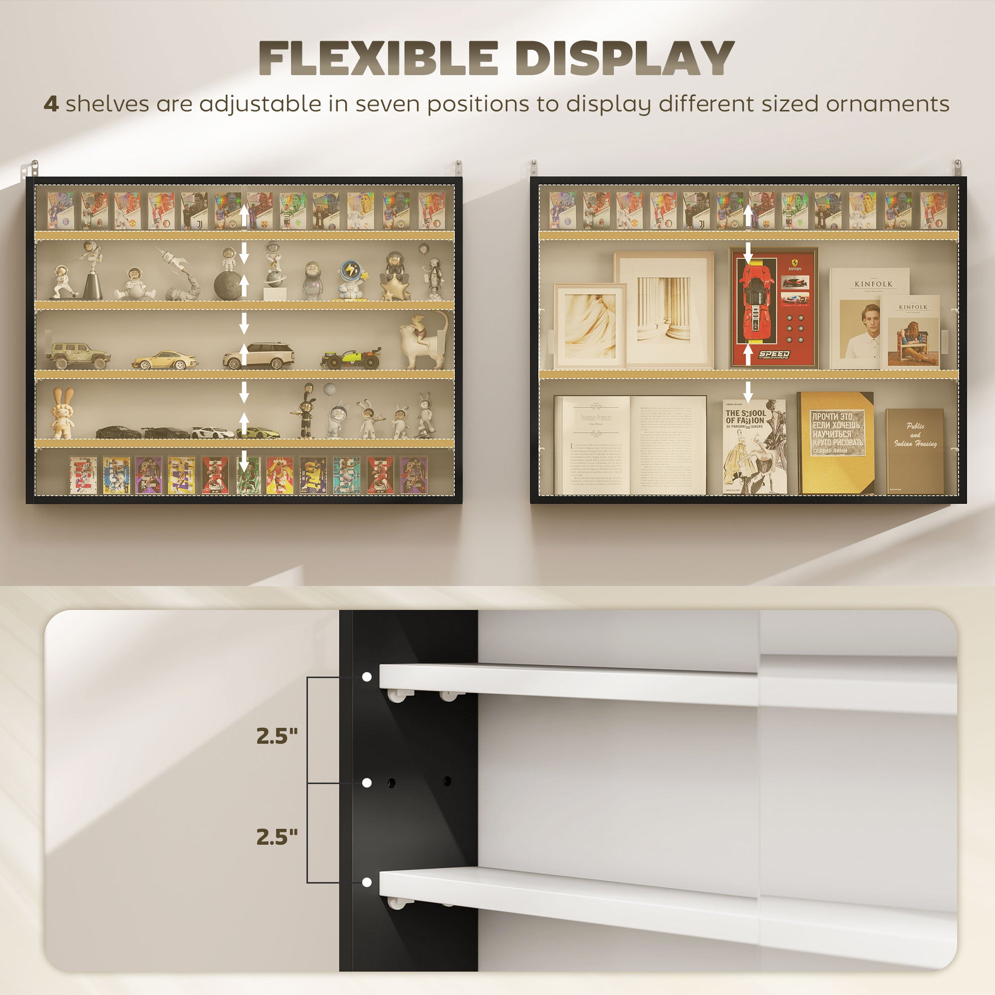 5-Tier Display Cabinet, Wall-Mounted Display Case with 2 Glass Doors and Adjustable Shelves, Black