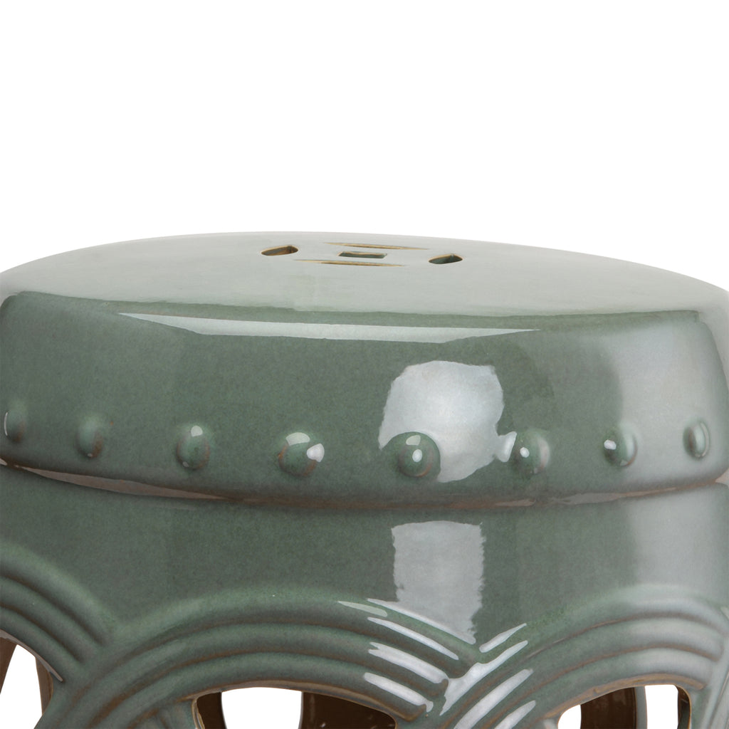 14" x 17" Ceramic Garden Stool with Double-Coin Knotted Ring Design, Glazed Decorative Outdoor Stool, Green