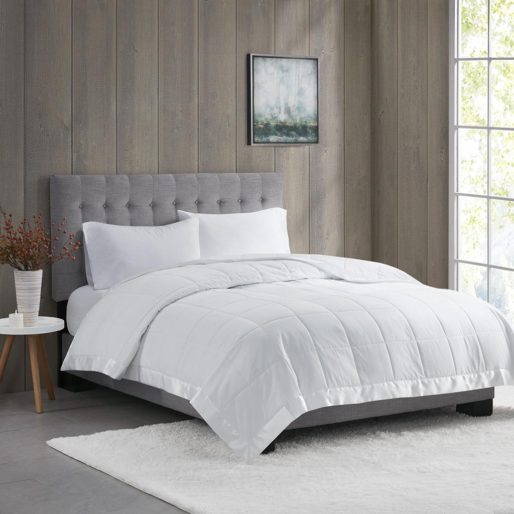 King Size Lightweight Down Alternative Blanket with Satin Trim, Hypoallergenic Polyester, Moisture-Wicking, 108" L x 90" W x 0.25" H, White