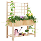 47" Wooden Raised Garden Bed with Trellis, Coutryside Style Elevated Planter Box Stand with Open Storage Shelf, Spacious Planting Area for Vegetables, Herbs, Flowers