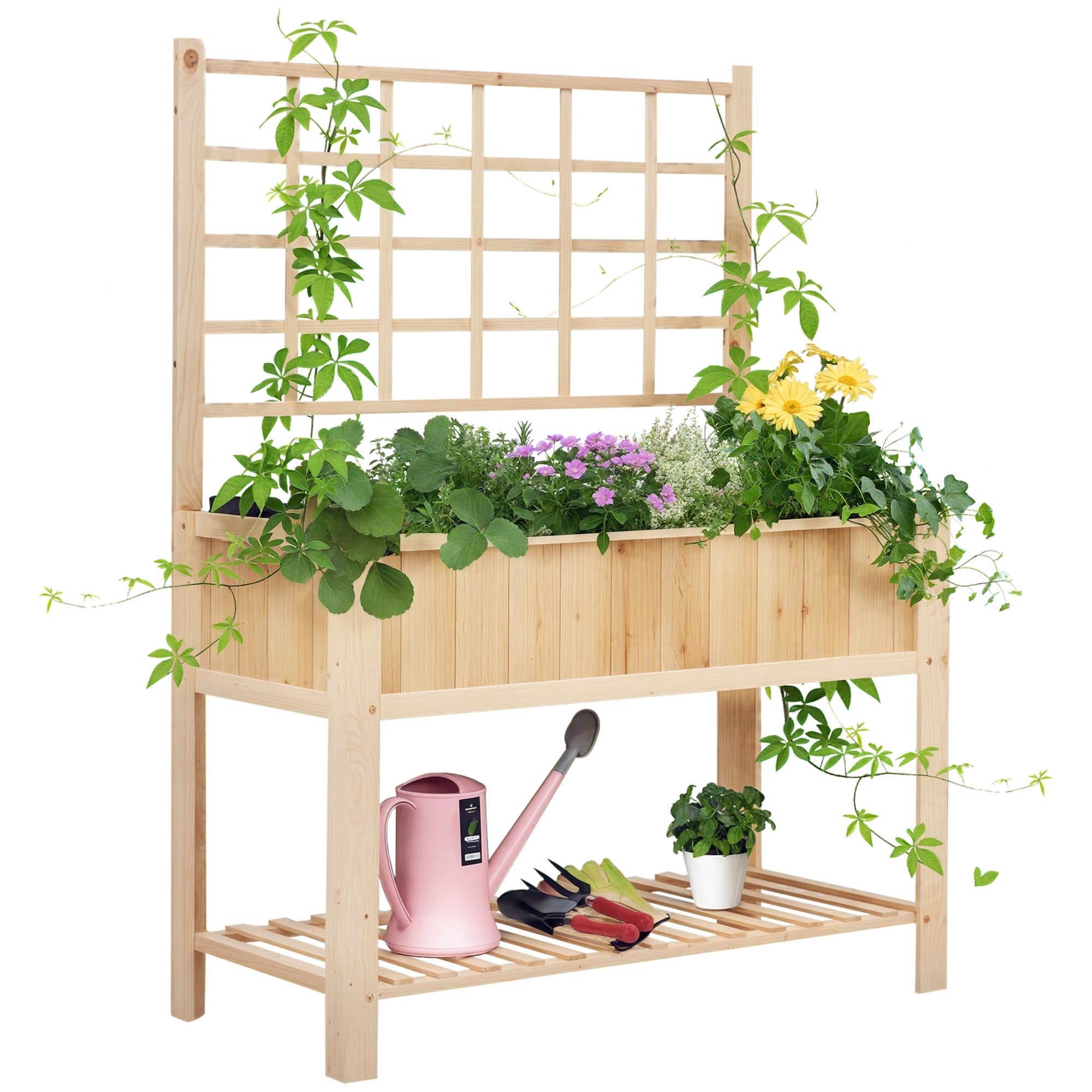 47" Wooden Raised Garden Bed with Trellis, Coutryside Style Elevated Planter Box Stand with Open Storage Shelf, Spacious Planting Area for Vegetables, Herbs, Flowers