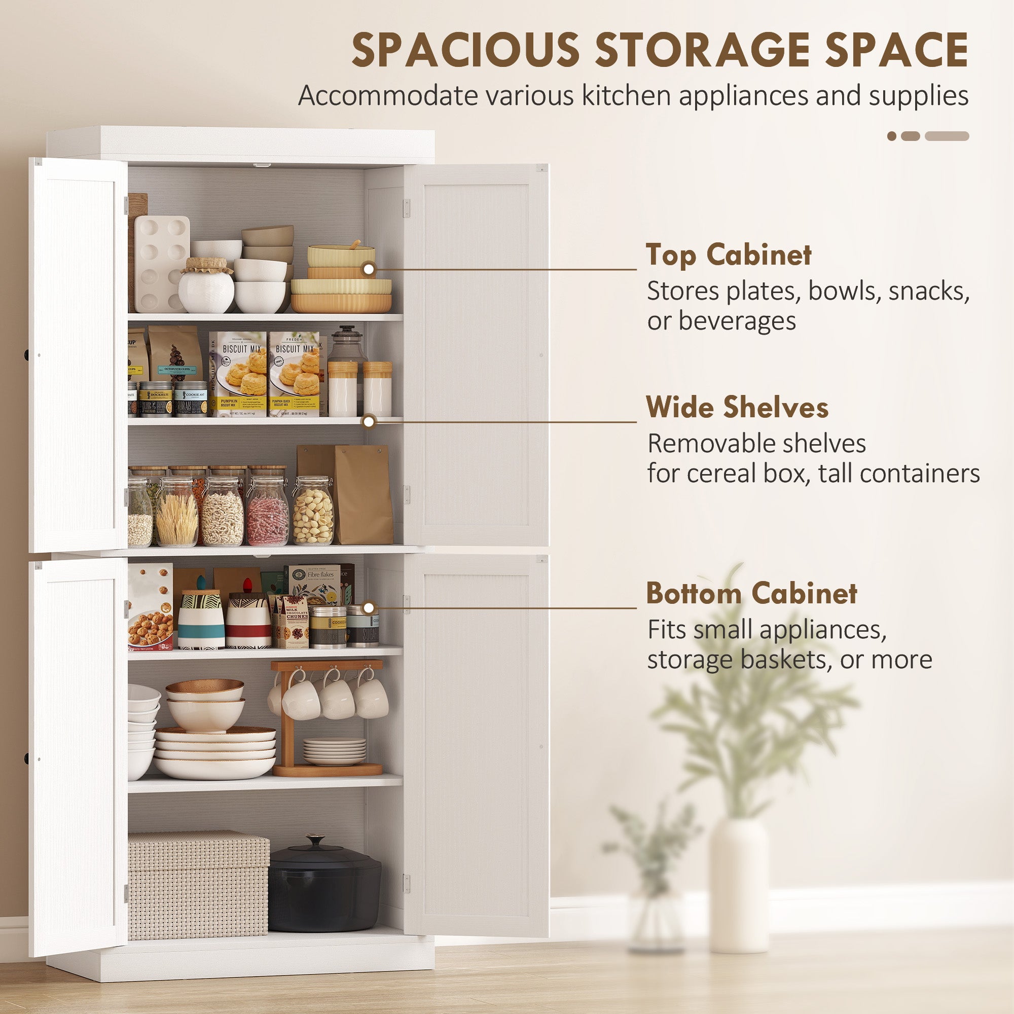 72" Kitchen Cabinet, Pantry Storage Cabinet with Doors and Shelves, Freestanding Food Pantry Cabinet, White Wood Grain