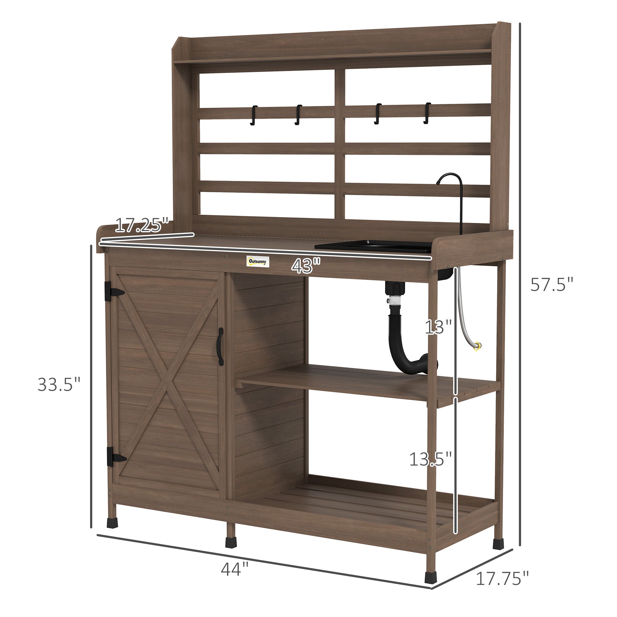Wooden Potting Bench with Storage, Sink, Water Tap for Backyard, Patio, Balcony, Dark Brown