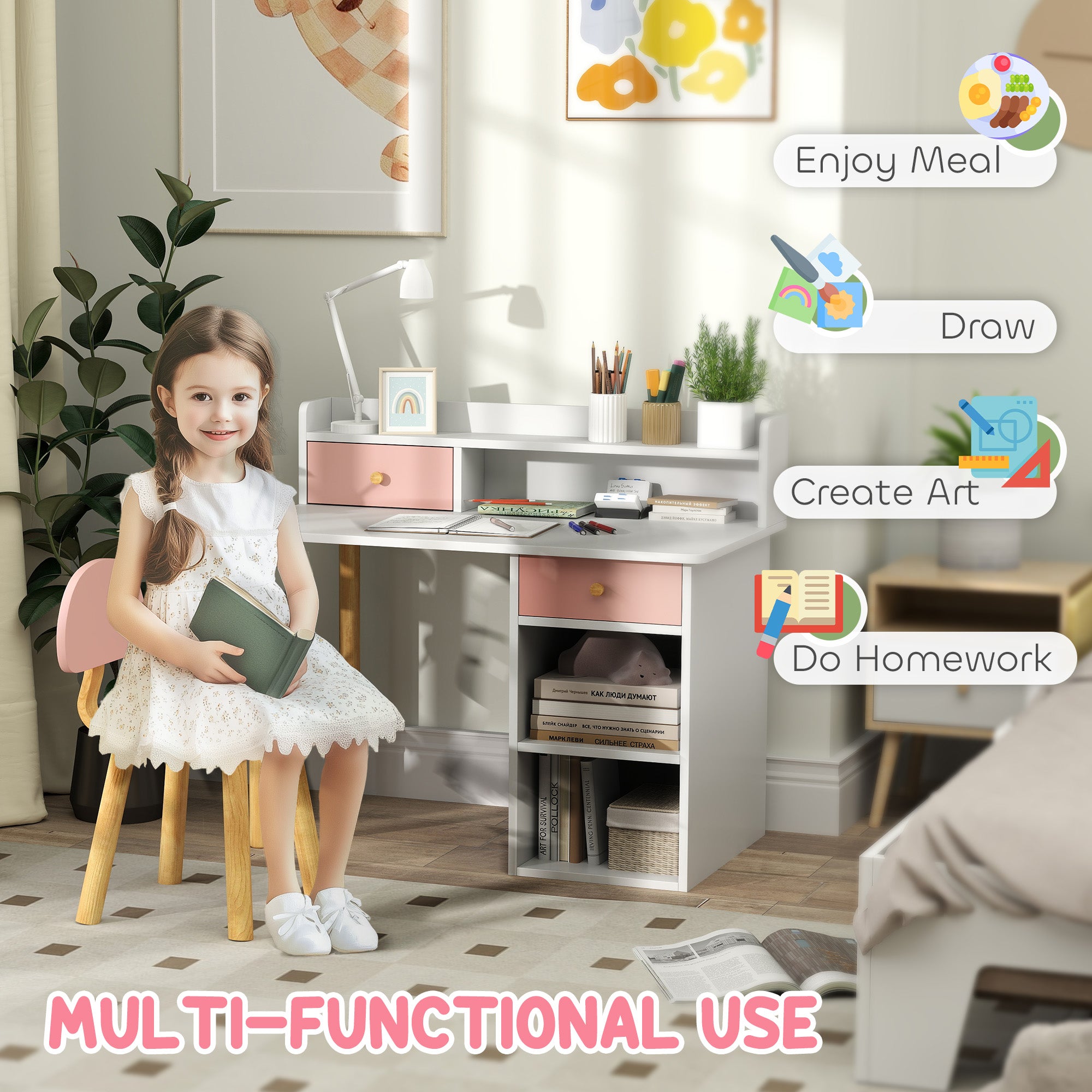 Kids Study Desk with Storage, Kids Desk and Chair Set for Bedroom & Study Room, Girls Boys Aged 3-8 Years, Pink