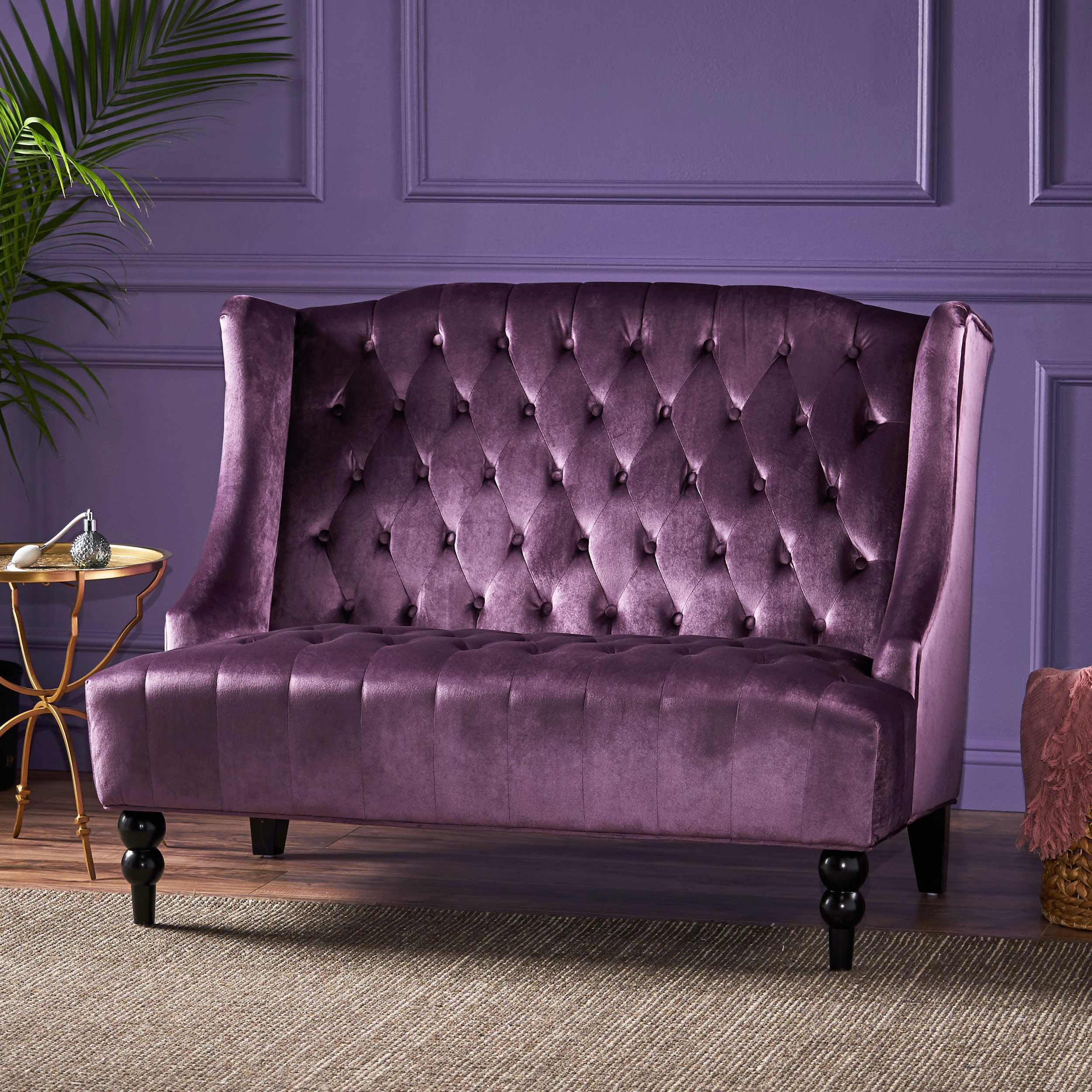 Modern Glam Loveseat Sofa with Velvet Upholstery, Wingback Design, Button-Tufted Diamond Stitch, 50.50" W x 34.00" D x 38.50" H, Raisin