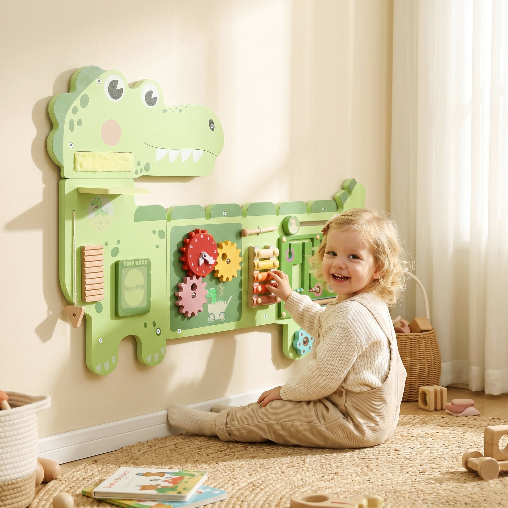 Busy Board Panels Wall-Mounted Montessori Sensory Toys Sensory Wall MDF 87 x 52 x 5.5 cm Dinosaur, Green