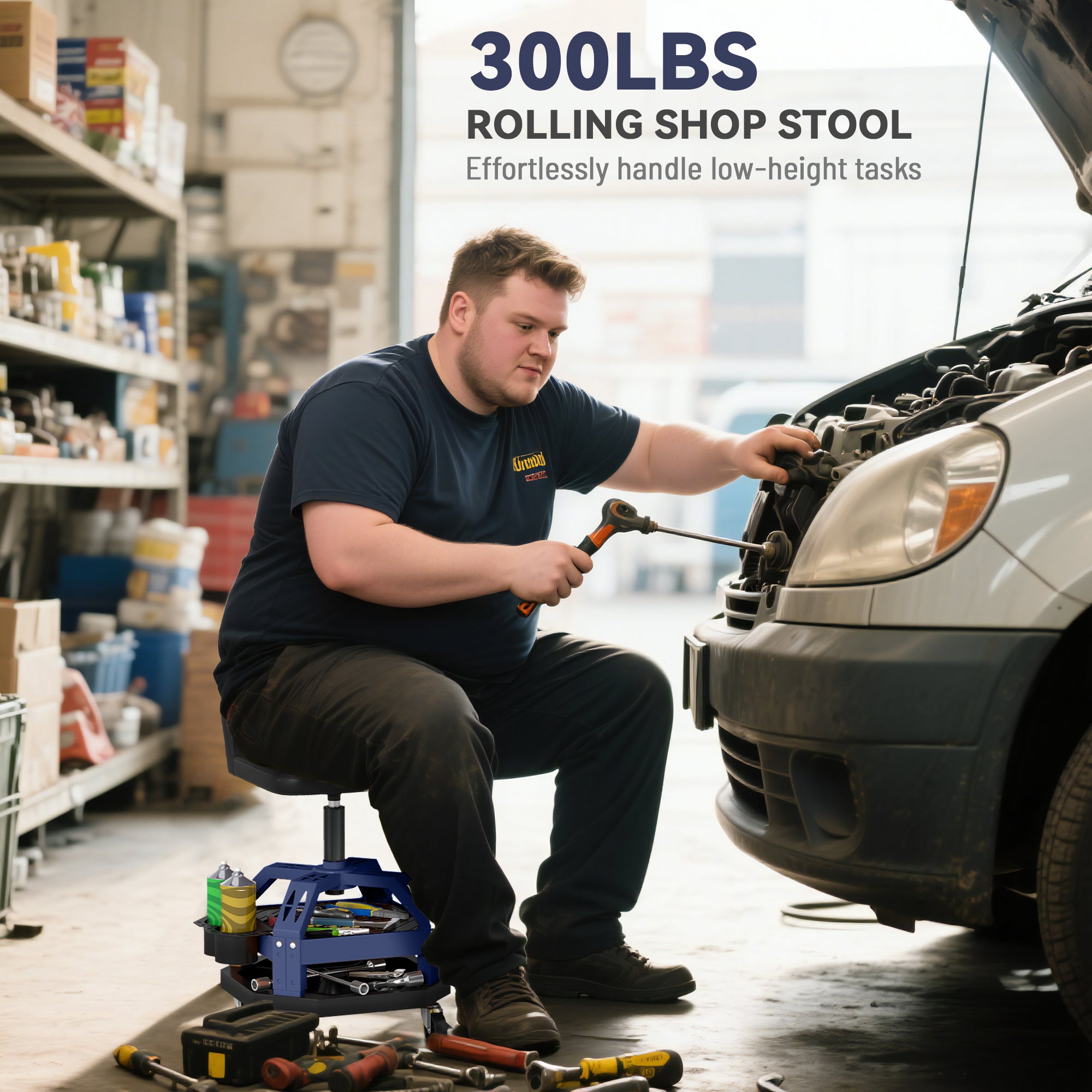 Rolling Creeper Garage Stool, 300 LBS Capacity Mechanic Stool with 360° Wheels, Tool Tray, Adjustable Height, Blue