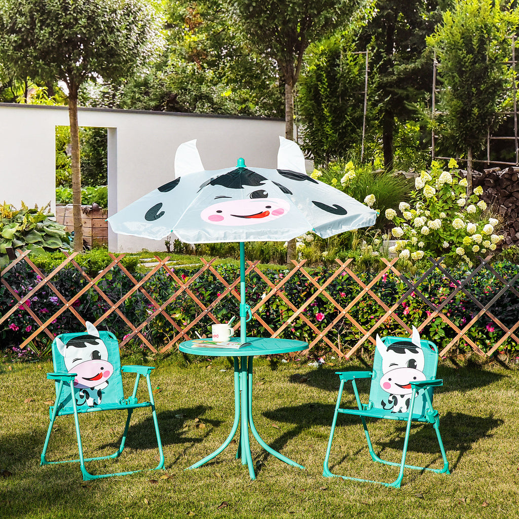 Kids Table and Chair Set, Outdoor Folding Garden Furniture, Picnic Table for Patio Backyard, with Removable & Height Adjustable Sun Umbrella, White