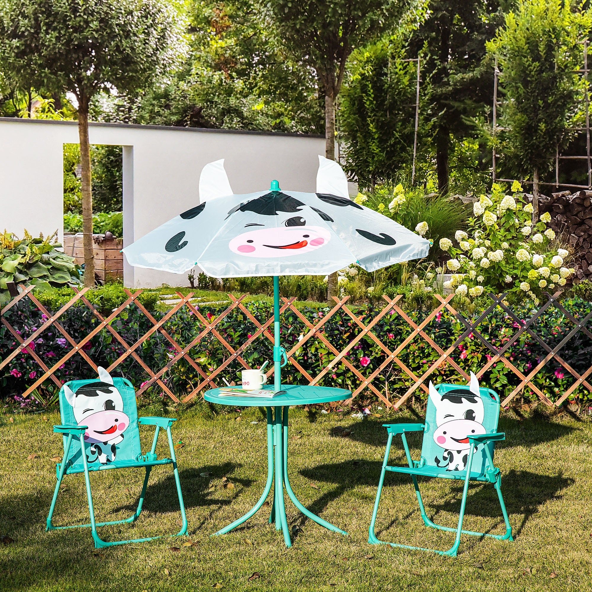Kids Table and Chair Set, Outdoor Folding Garden Furniture, Picnic Table for Patio Backyard, with Removable & Height Adjustable Sun Umbrella, White