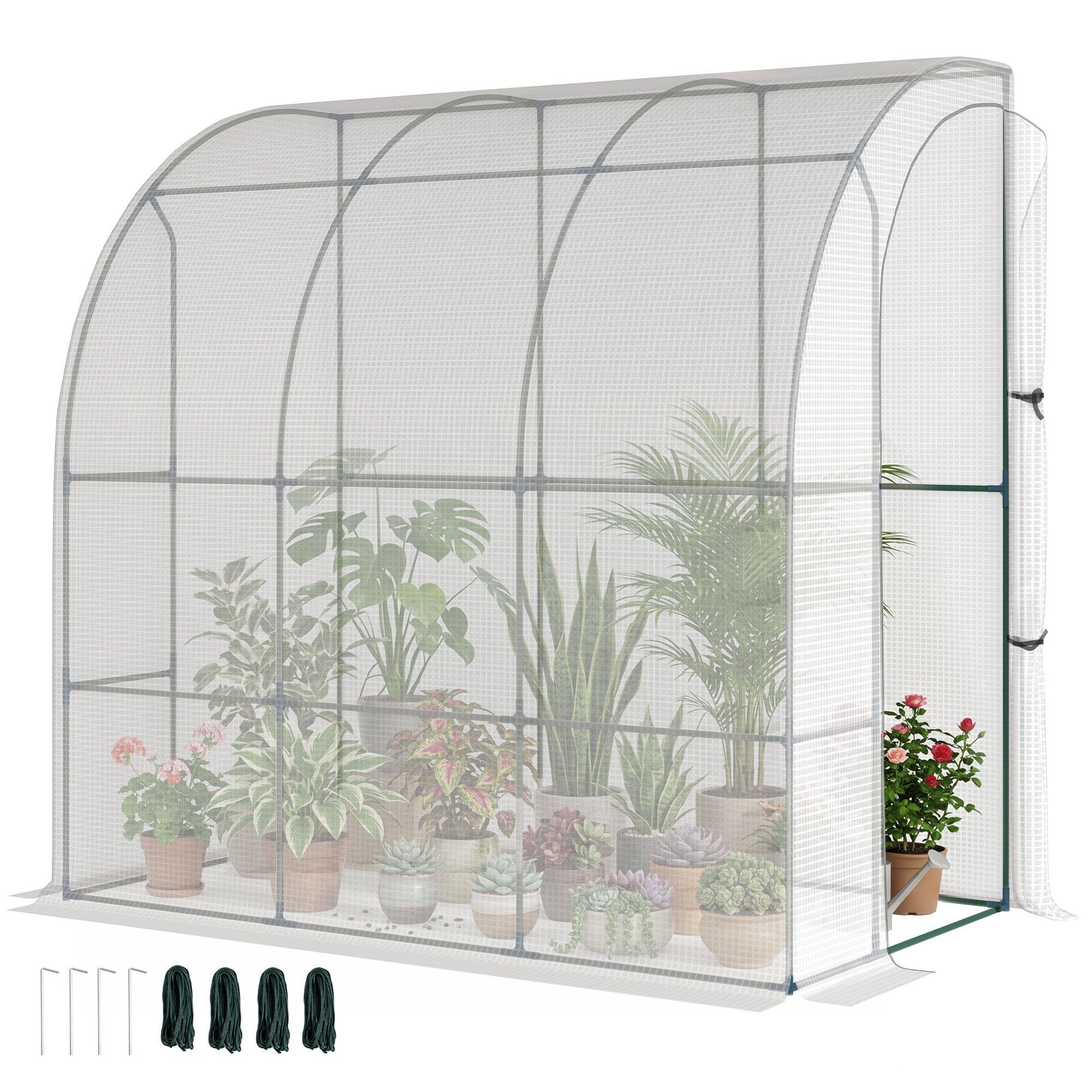 7' x 4' x 7' Outdoor Lean to Greenhouse, Walk-In Green House Plant Nursery with Roll-up Window, PE Cover, White