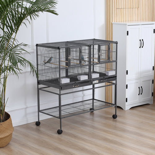 Divided Breeder Bird Cage with Rolling Stand Removable Metal Tray, Storage Shelf, Wood Perch, and Food Container