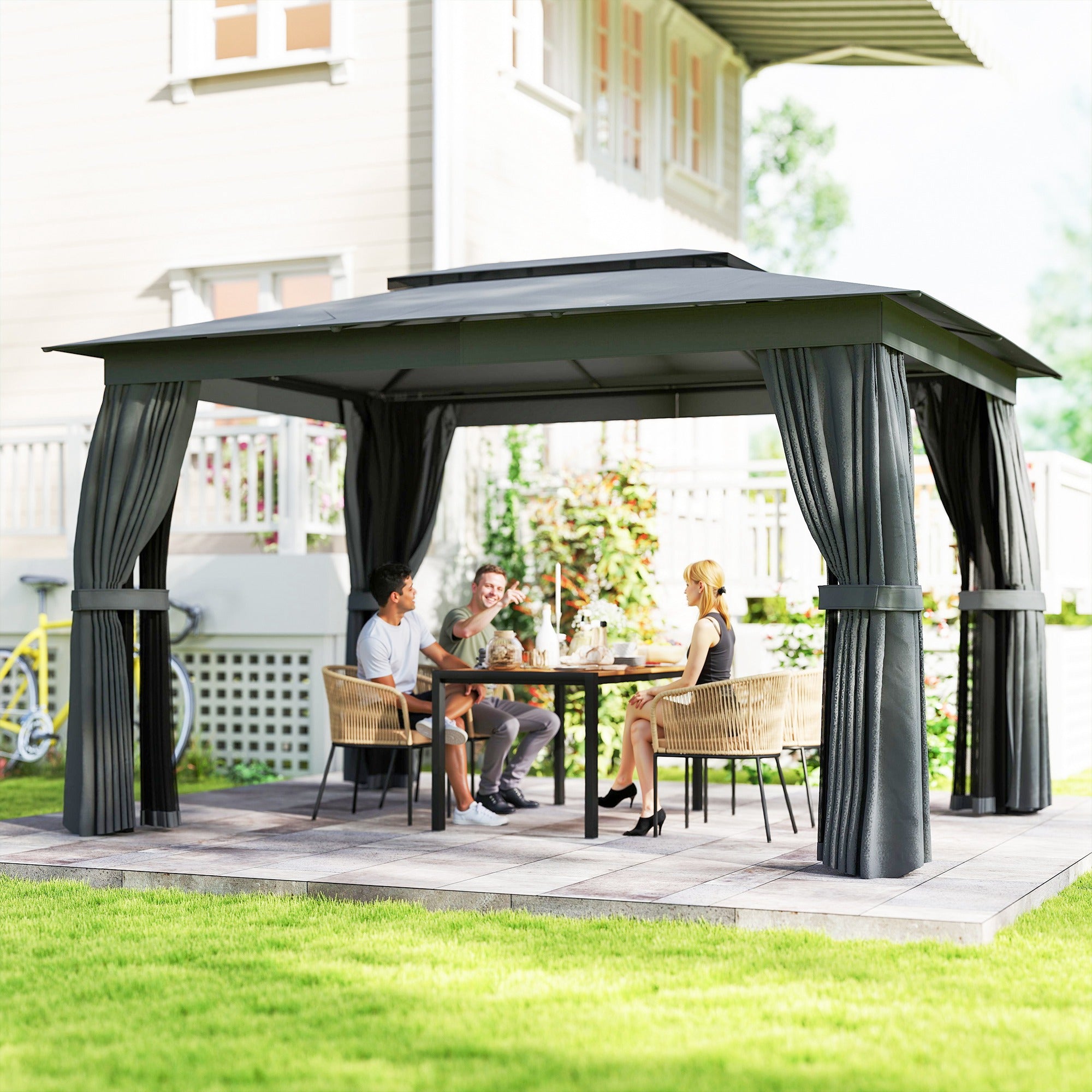 10' x 12' Outdoor Patio Gazebo, Soft Top Gazebo Canopy Shelter with Curtains, Netting, Steel Frame, Hooks, Dark Gray