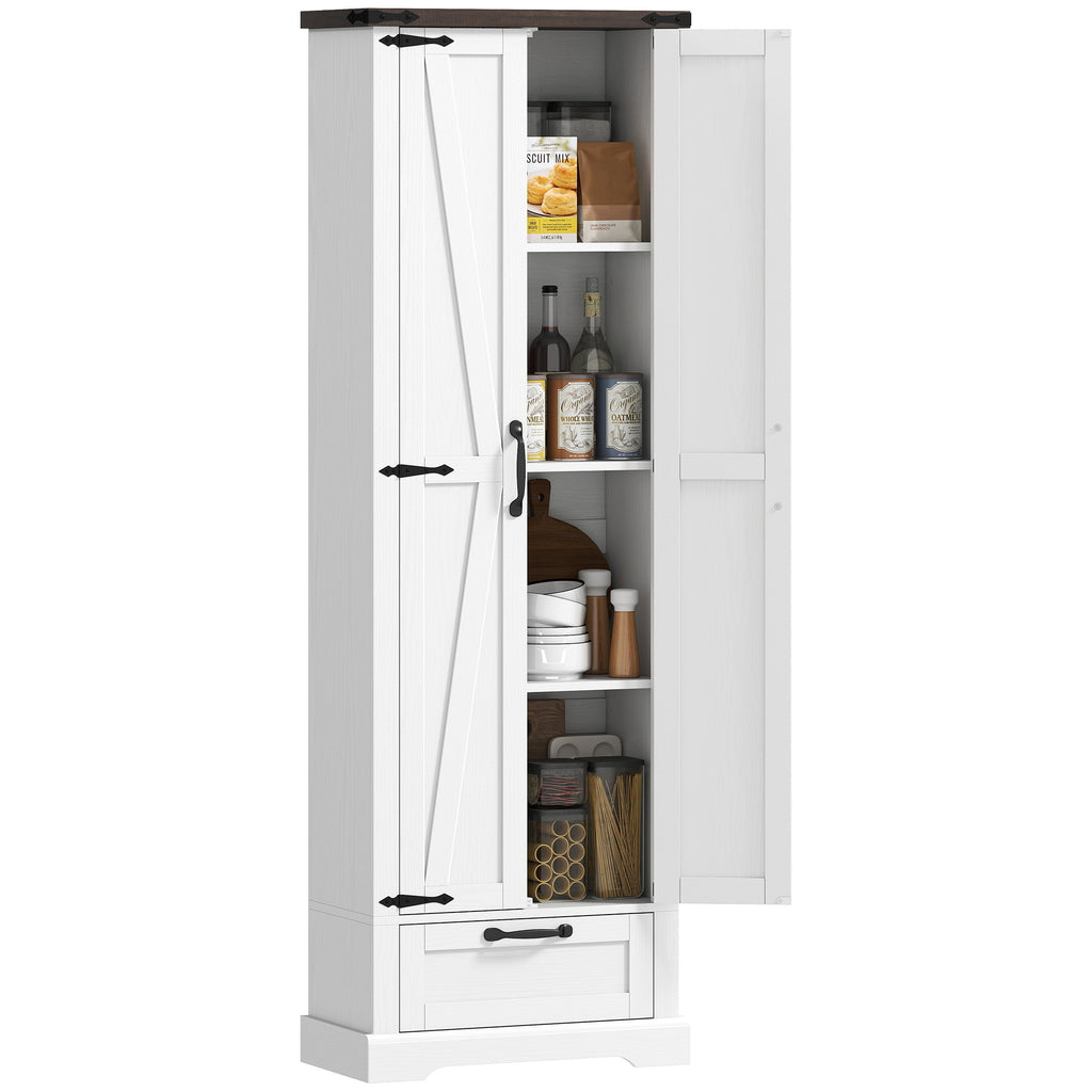 71" Pantry Cabinet, Kitchen Storage Cabinet with Adjustable Shelves, Barn Doors and Drawer for Dining Room, White