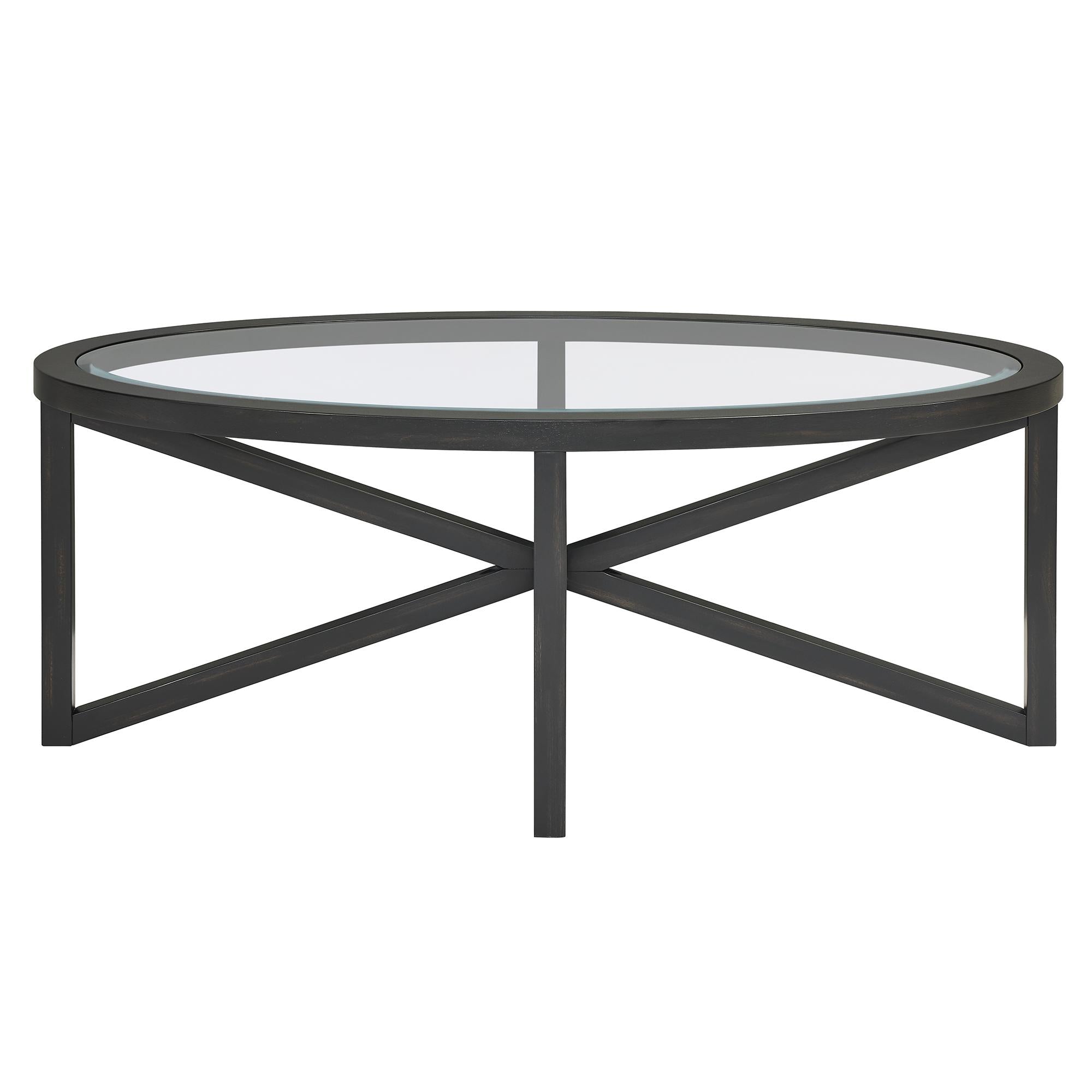 Modern Glass Coffee Table with Solid Wood Tripod Base, Anti-Scratch Curved Edges, Oval Desk for Living Room, 46.5" L x 28.5" W x 18" H, Black